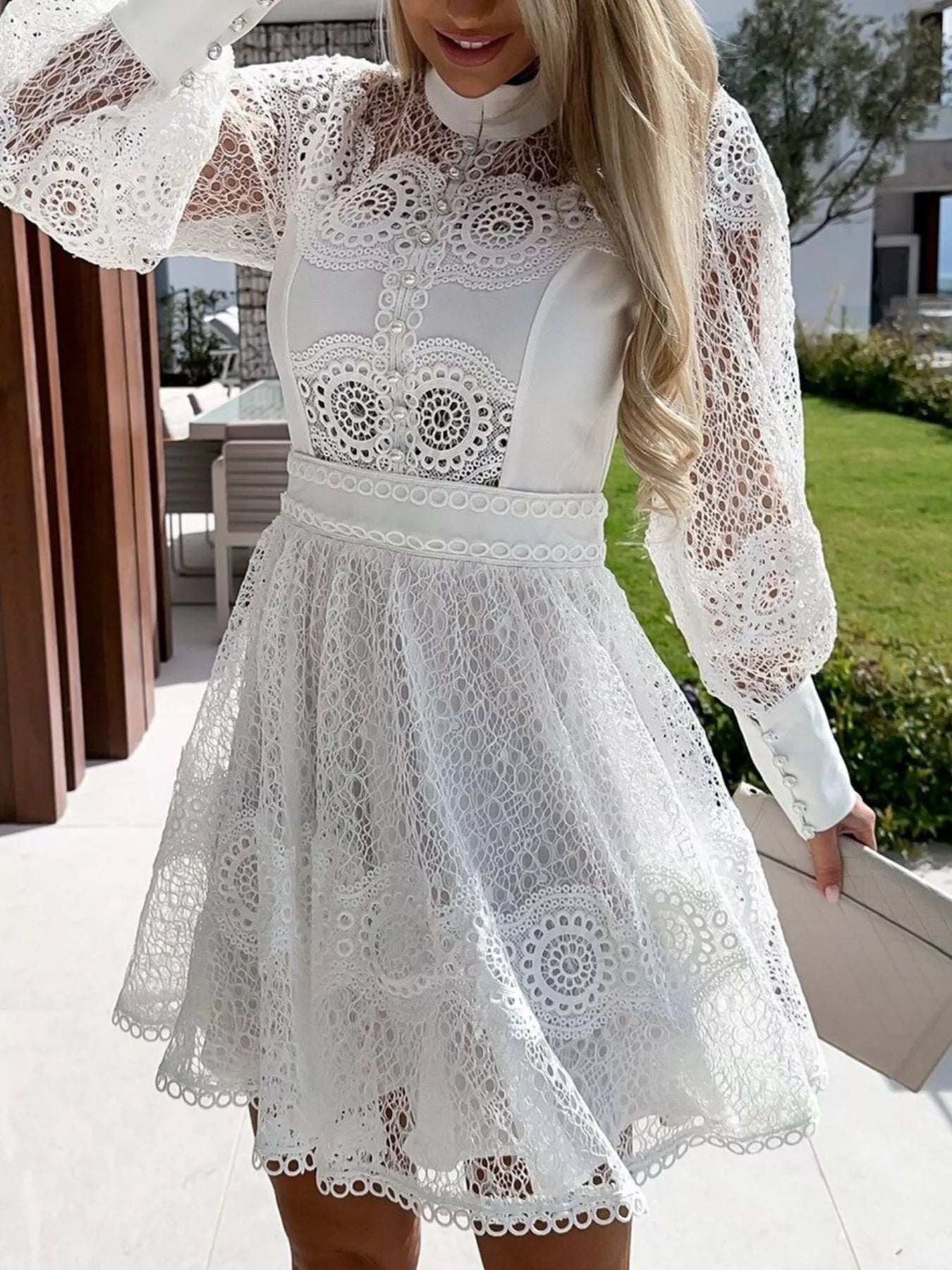 Lace Lantern Sleeve Mini Dress, white lace with a buttoned front.