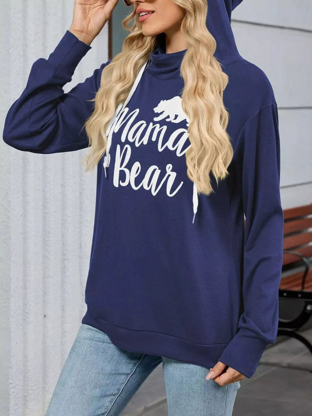 Letter Drawstring Long Sleeve Hoodie Navy Belle Bijouix Tops with Mama Bear graphic