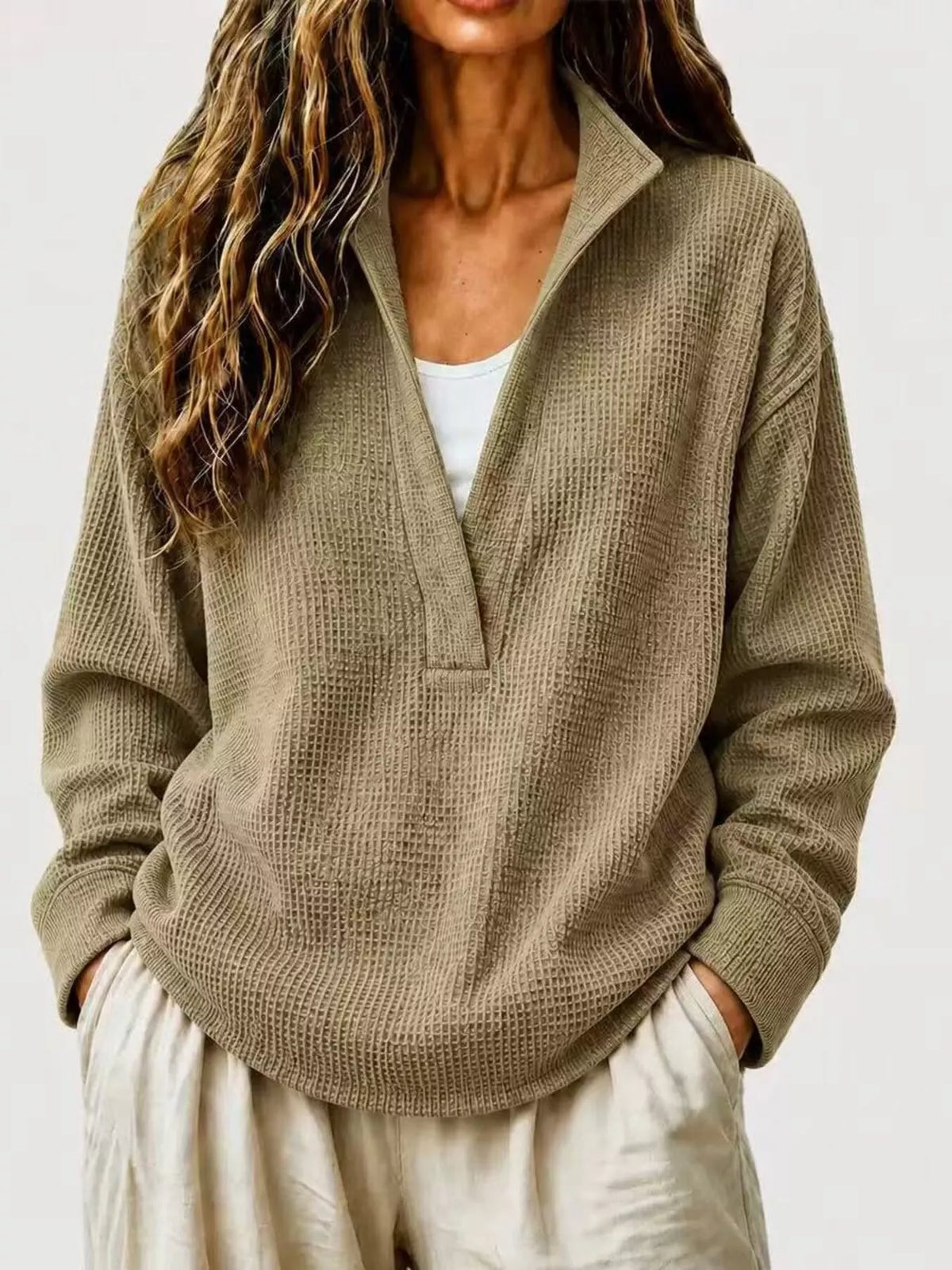 Waffle Knit Dropped Shoulder Sweatshirt