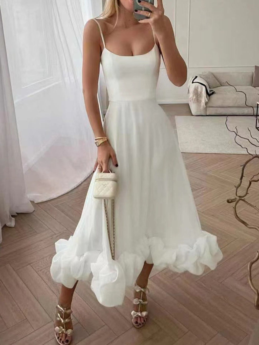 Ruffle Hem Scoop Neck Midi Dress by Trendsi, white, with thin straps and flowing tulle hem