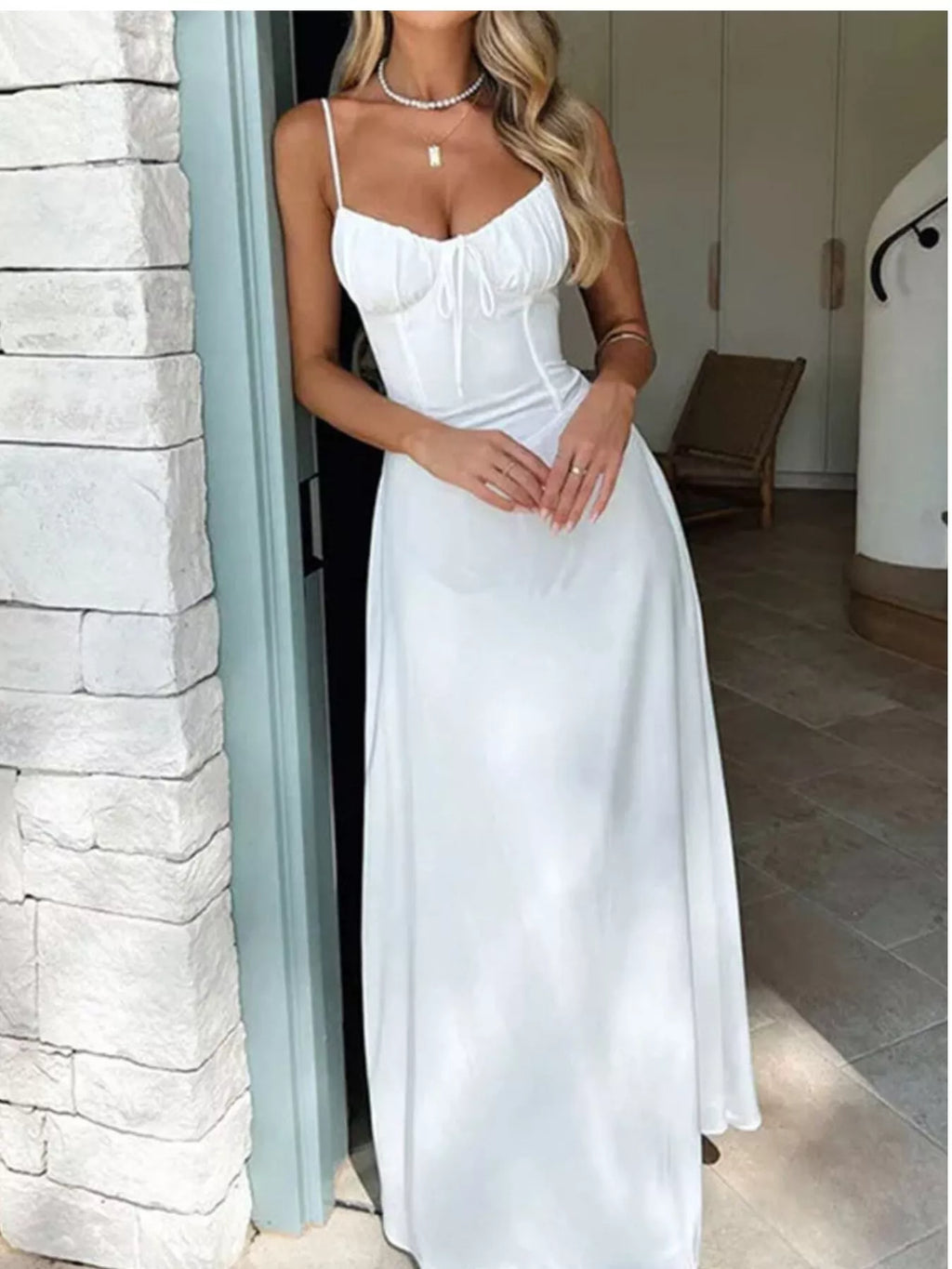 Tie-front spaghetti-strap maxi dress in white by Trendsi