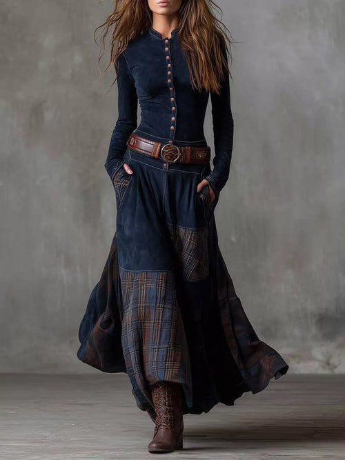 Button Front Plaid Patchwork Maxi Dress