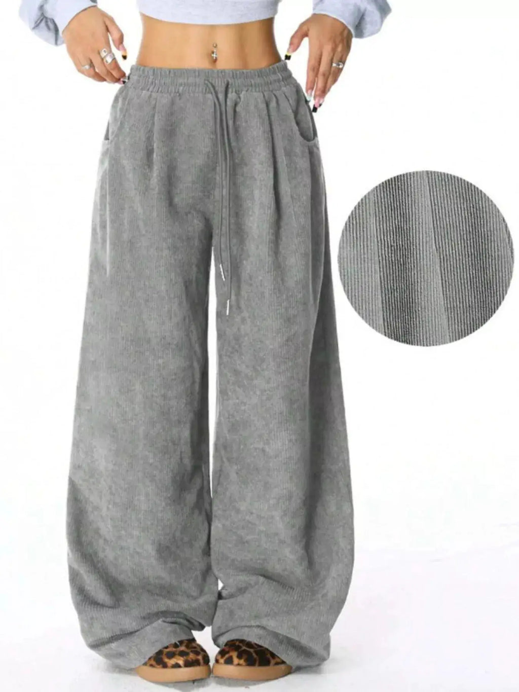 Casual Corduroy Wide-Leg Pants, grey soft fabric with drawstring waist, loose fit and pockets for everyday wear