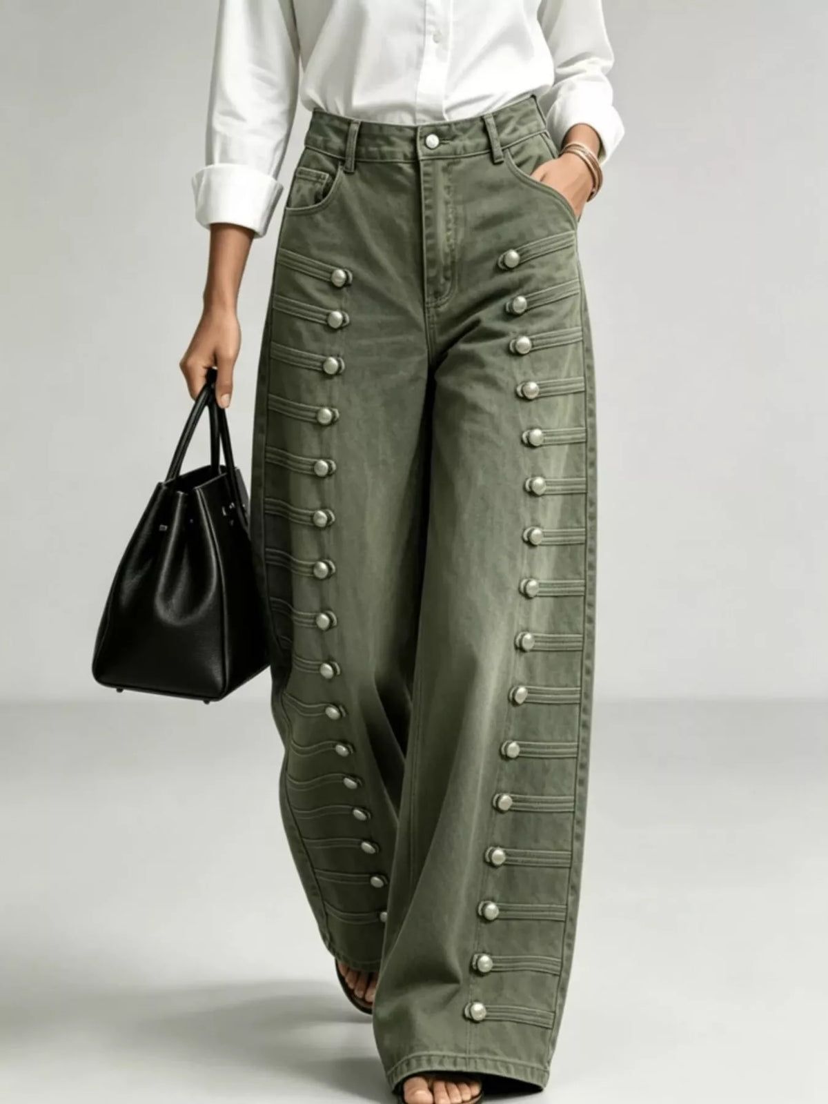 High-Waist Button Detail Wide-Leg Jeans in Green by Belle Bijouix – front view