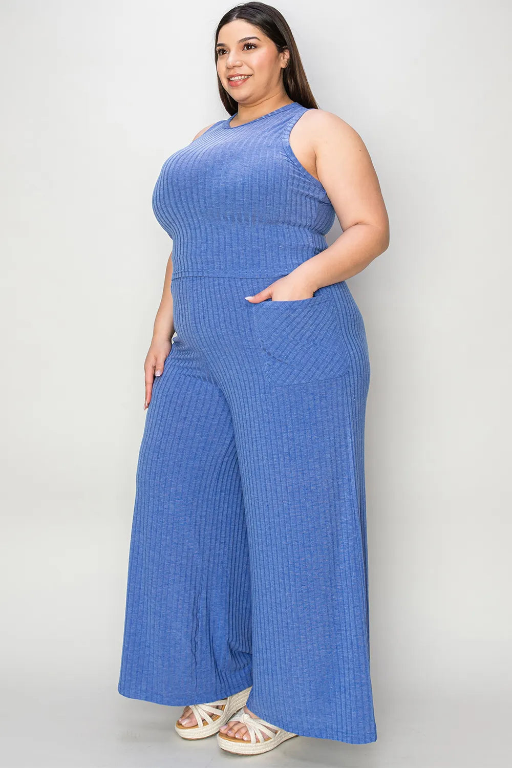 Basic Bae ribbed tank and wide-leg pants set, blue, 2-piece by Belle Bijouix