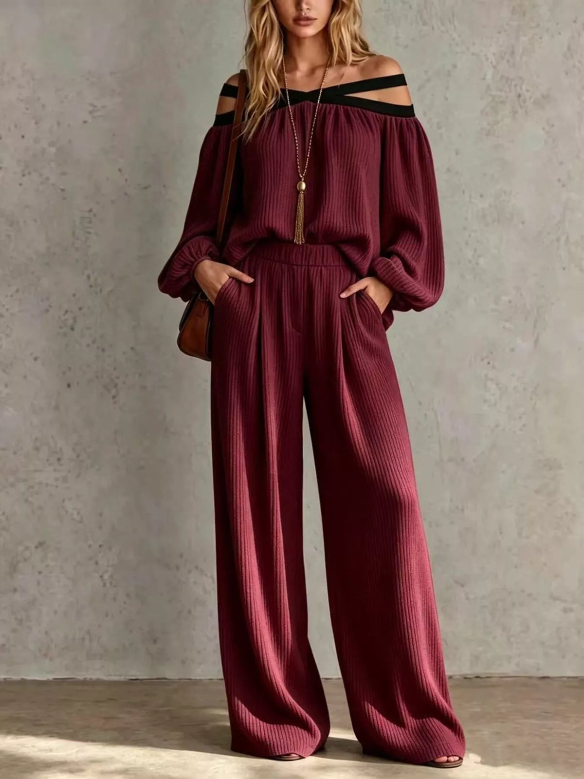 Off-Shoulder Crisscross Top & Wide-Leg Pants Set by Belle Bijouix – view 10 of 12