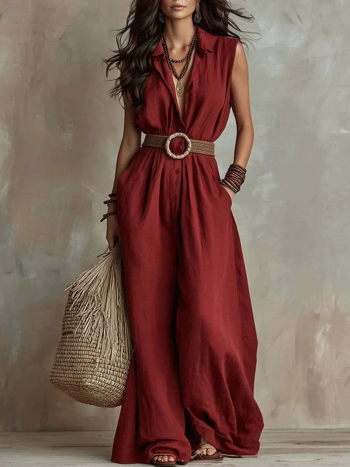 Plus-size sleeveless wide-leg jumpsuit with pockets in burgundy, belted with round woven buckle, paired with a straw bag.