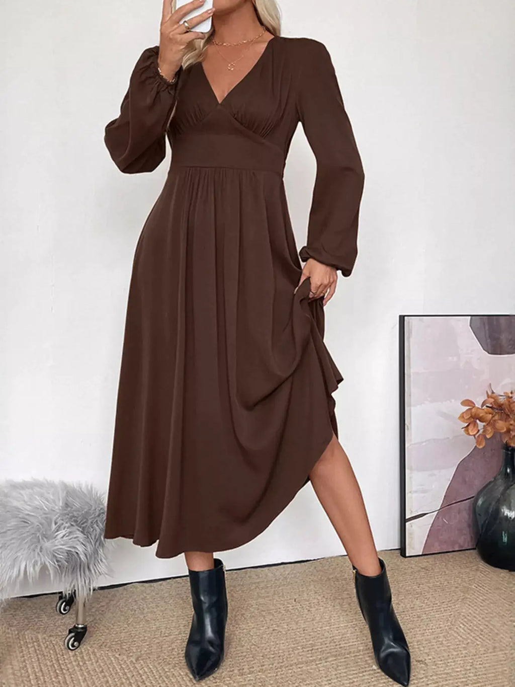 V-Neck Balloon Sleeve Midi Dress in brown by Trendsi, wrap bodice and flowing gathered skirt.