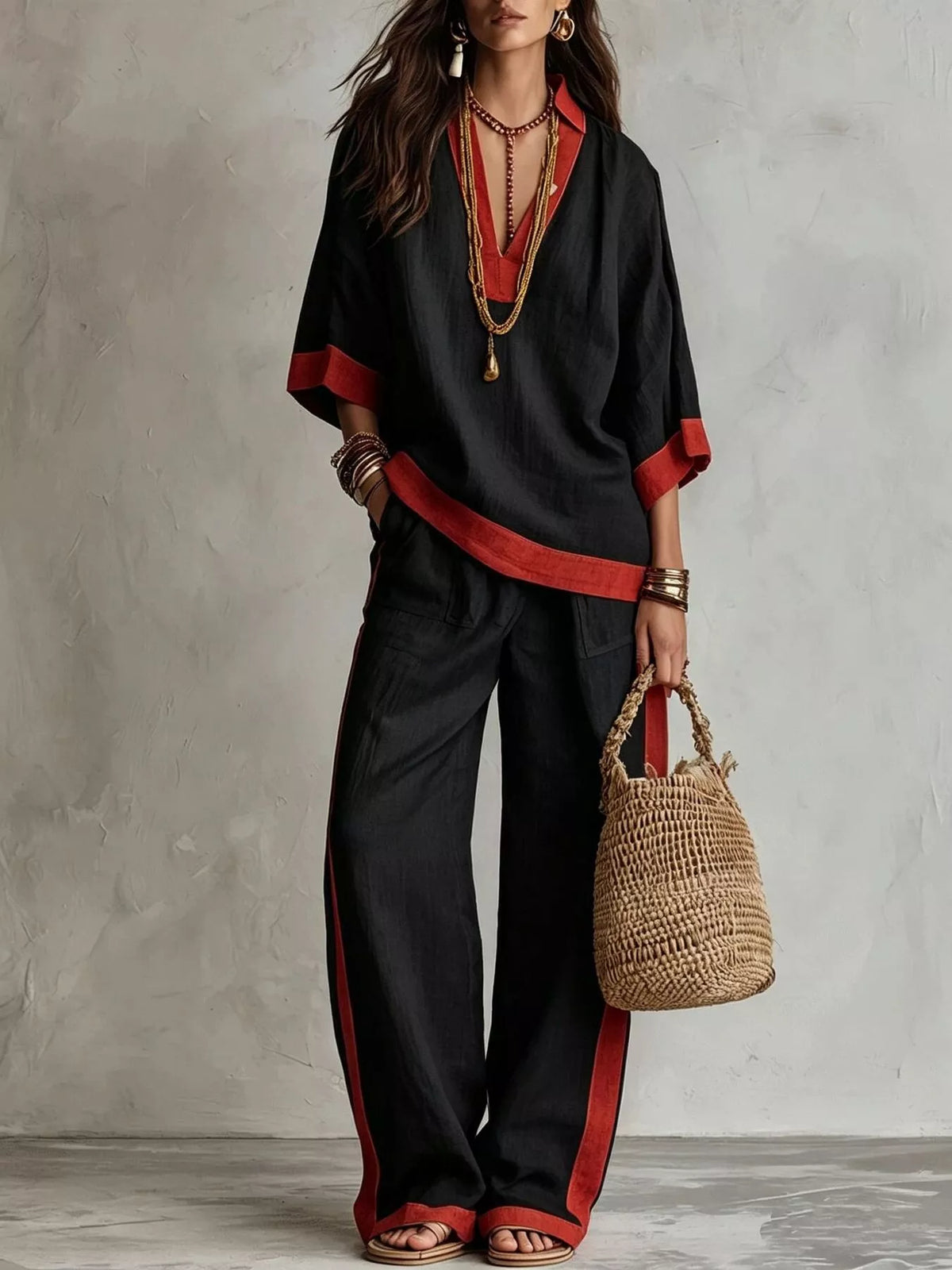 Contrast-Trim Top and Wide-Leg Pants Set