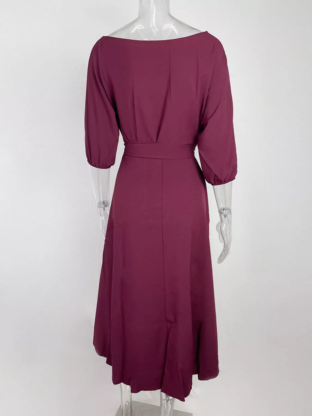 Boat Neck Tie Waist Dress by Trendsi in burgundy plum with elbow-length puff sleeves and waist tie, back view