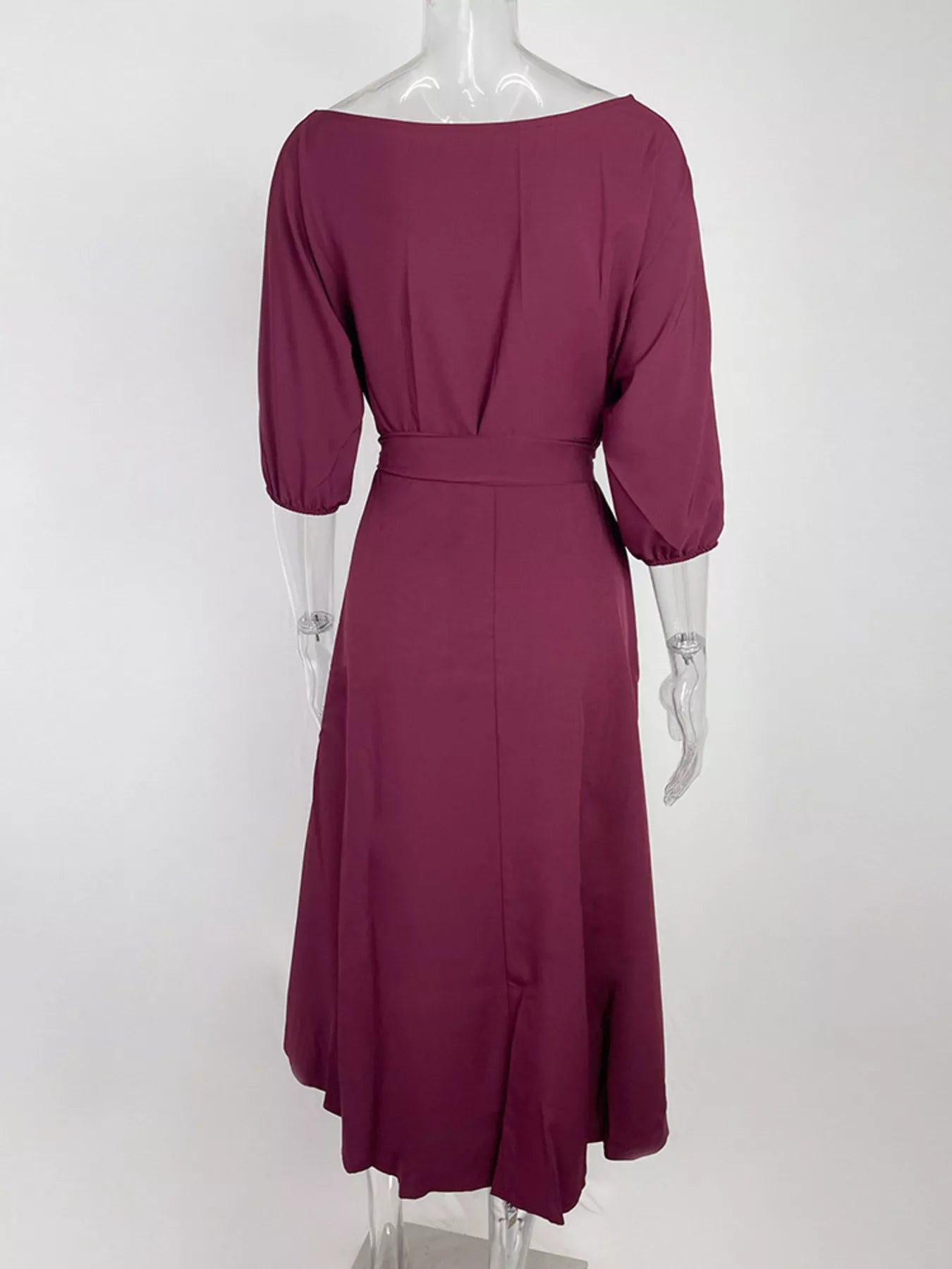 Boat Neck Tie Waist Dress by Trendsi in burgundy plum with elbow-length puff sleeves and waist tie, back view