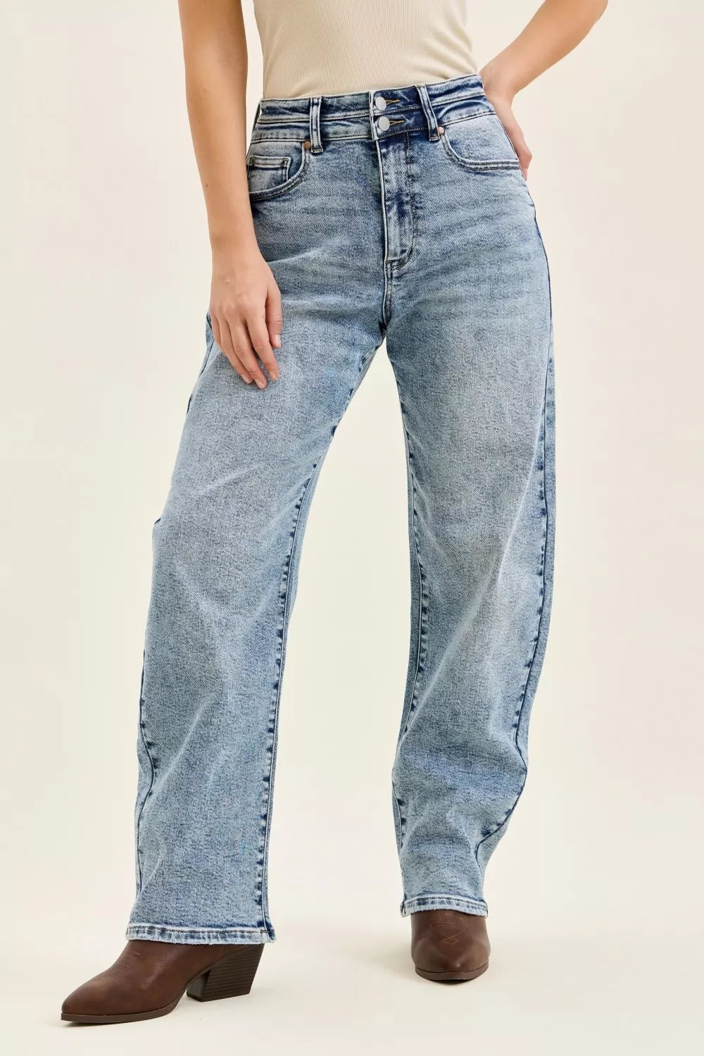 Judy Blue high-waist Marlow Arc Leg jeans with double waistband in light denim