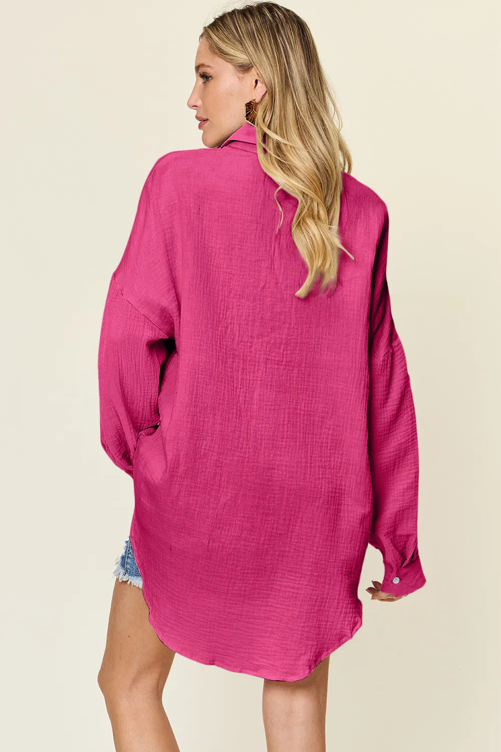 Double Take full-size pink textured button-up shirt