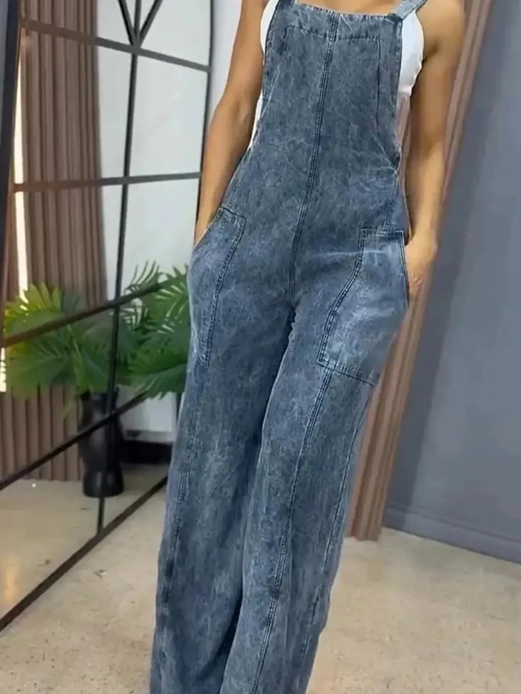Full Size Wide-Leg Washed Denim Overalls with front pockets in blue