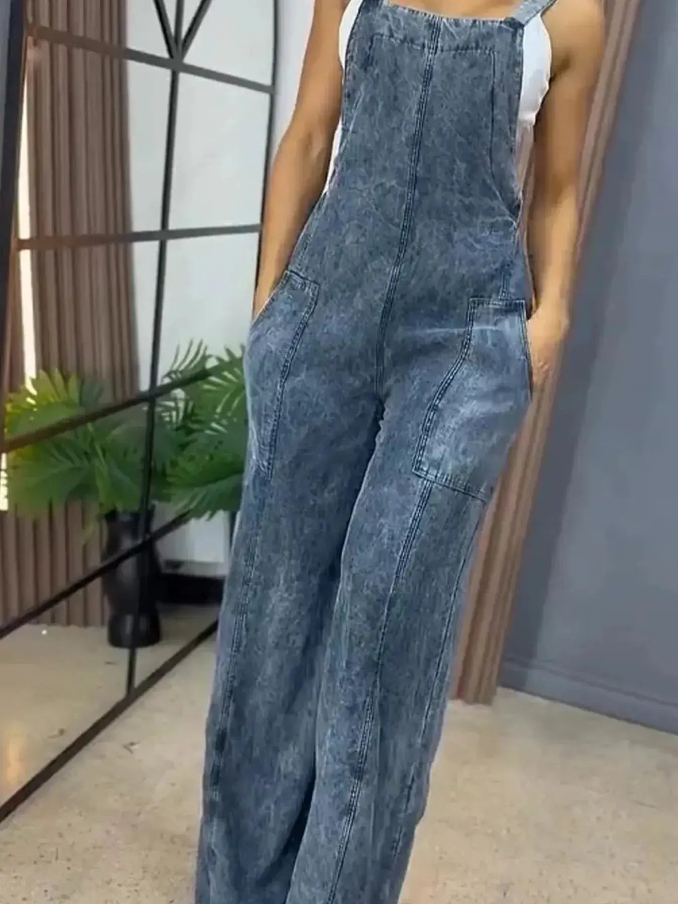 Full Size Wide-Leg Washed Denim Overalls with front pockets in blue