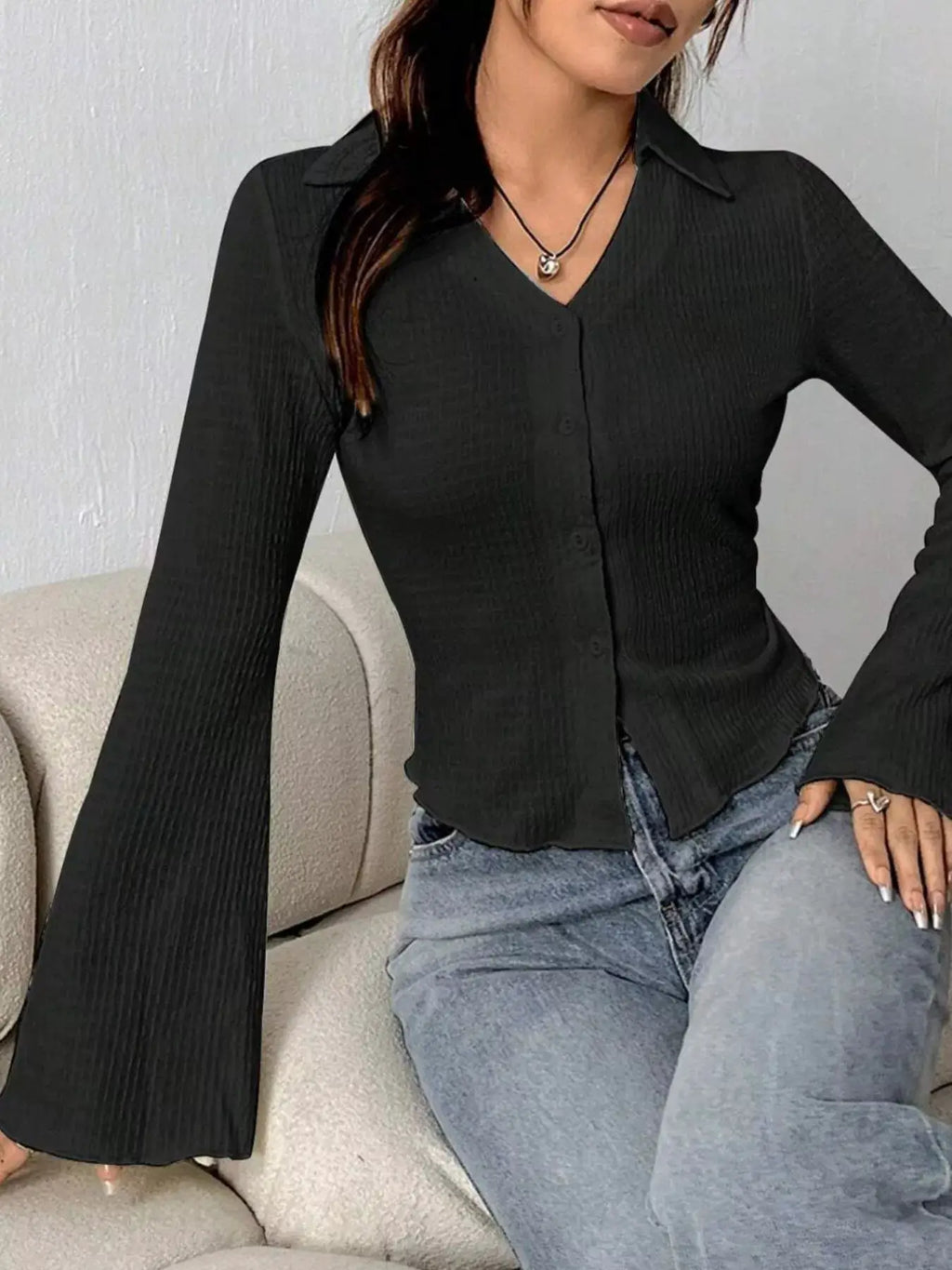 Trendsi Button Up Flare Sleeve Shirt in black ribbed knit with button-down front, ruched details, and wide flare sleeves