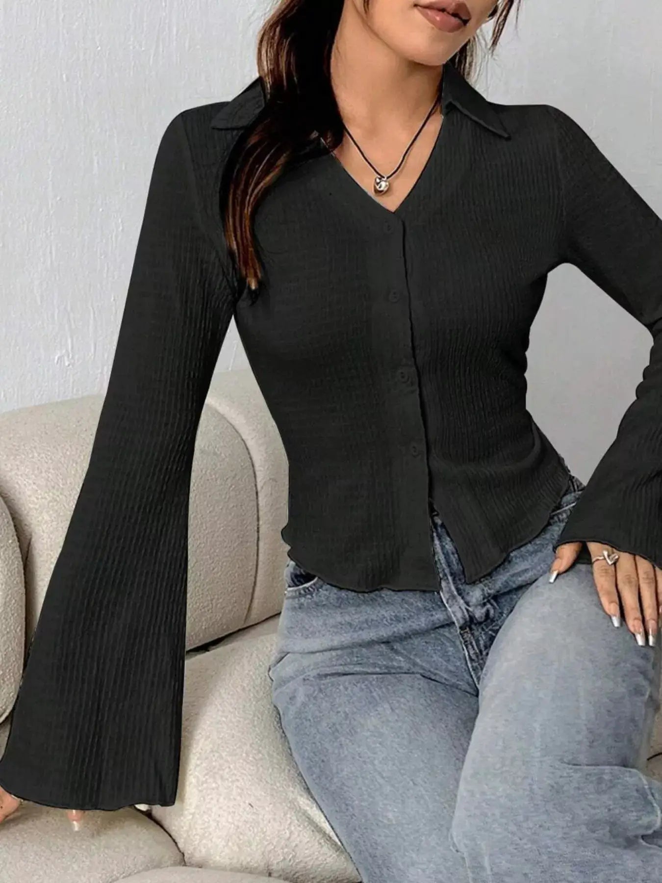 Trendsi Button Up Flare Sleeve Shirt in black ribbed knit with button-down front, ruched details, and wide flare sleeves