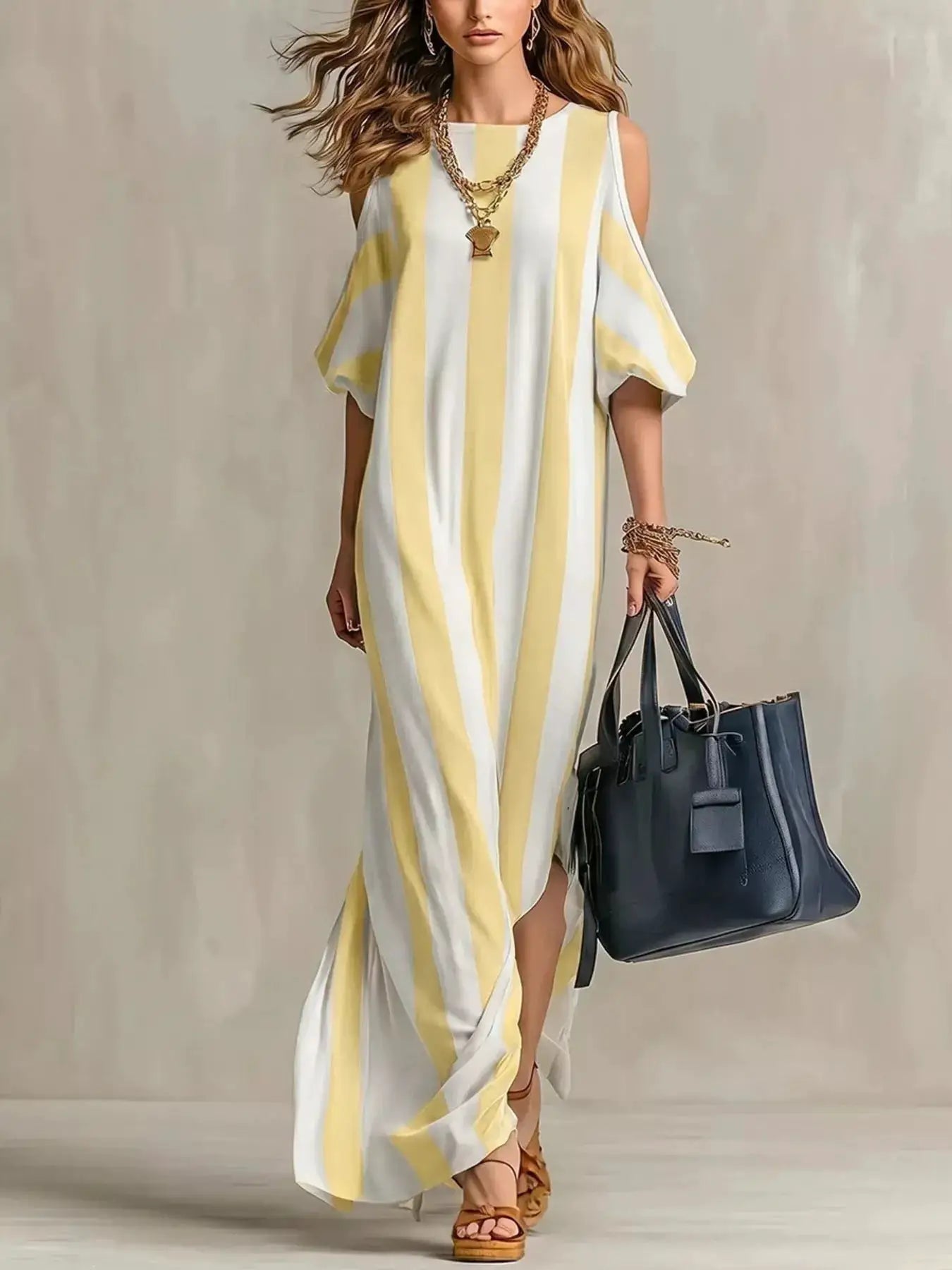 Striped cold-shoulder maxi dress in yellow and white, floor-length with side slit.