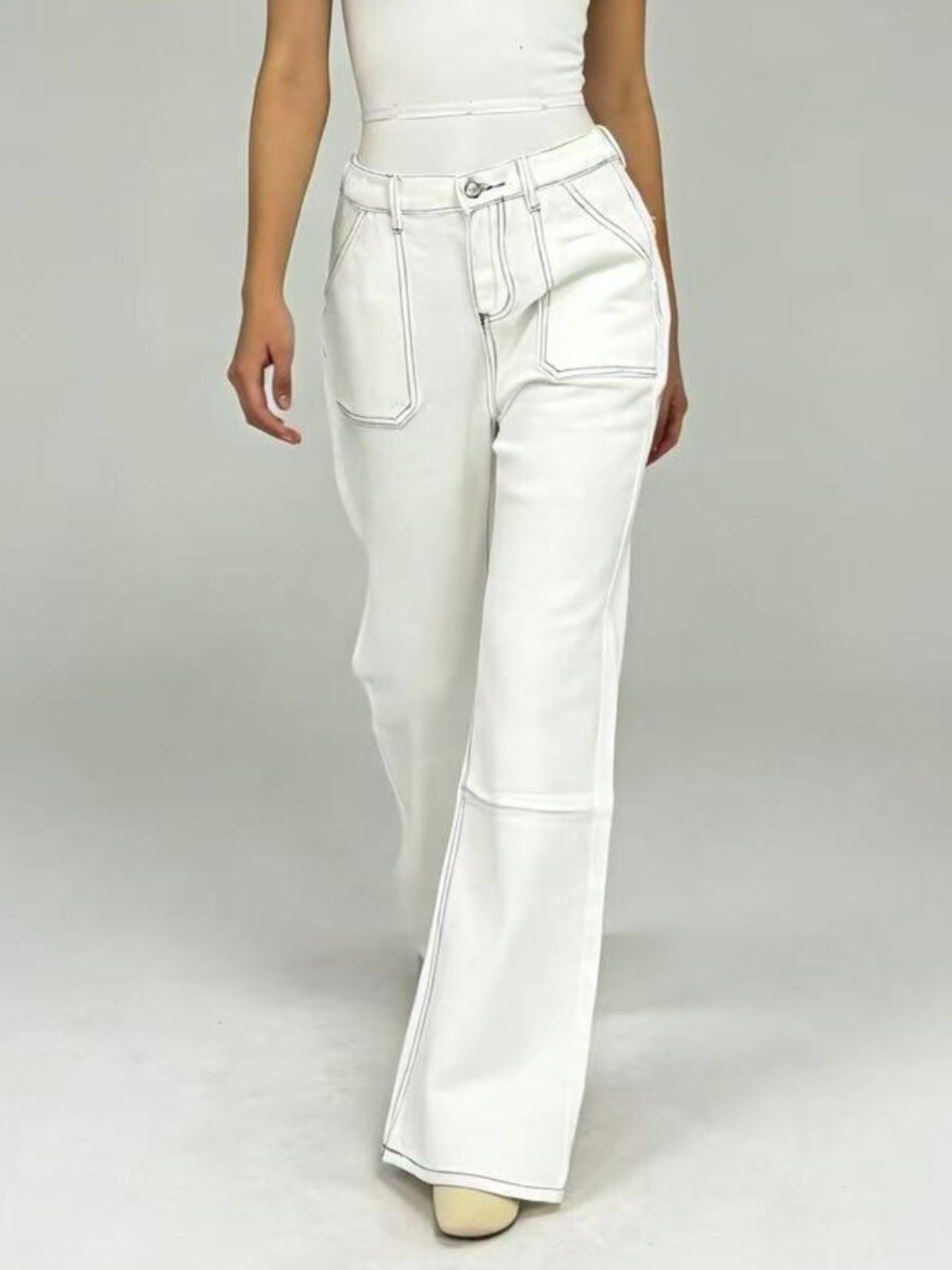 Wide Leg Contrast Stitching Jeans in white with visible topstitching and front pockets.