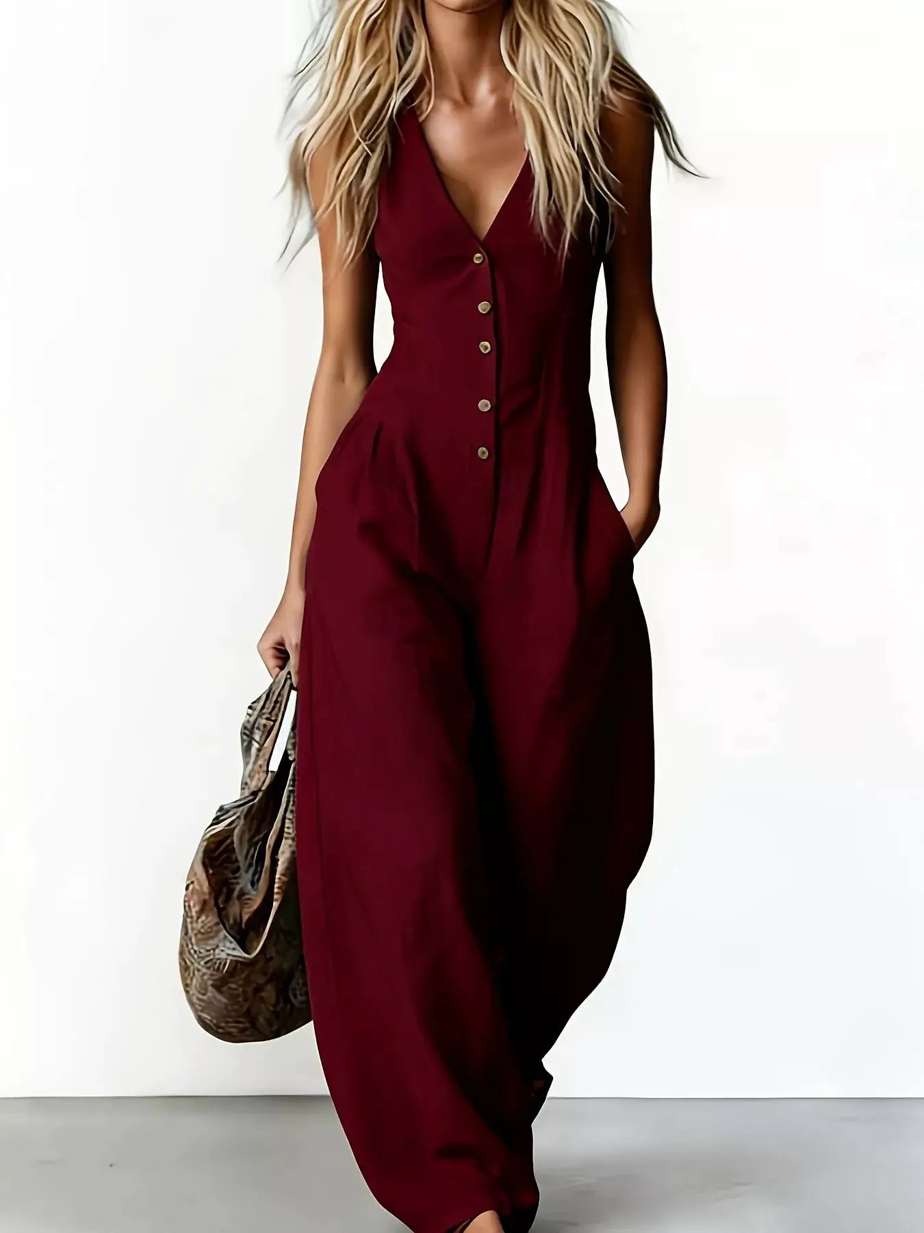 V-Neck Button-Down Wide-Leg Jumpsuit with Pockets in burgundy by Belle Bijouix