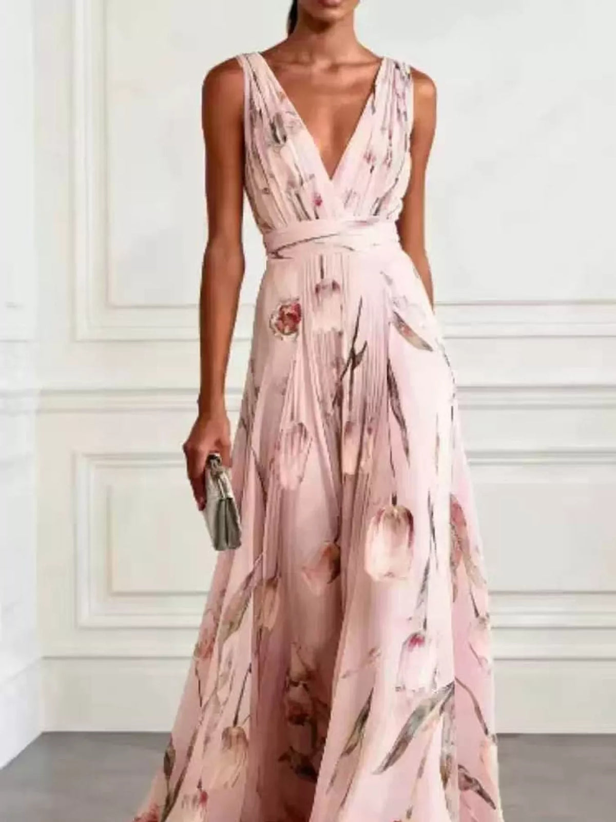 Sleeveless V-Neck Floral Maxi Dress in Pink by Belle Bijouix – view 20 of 37