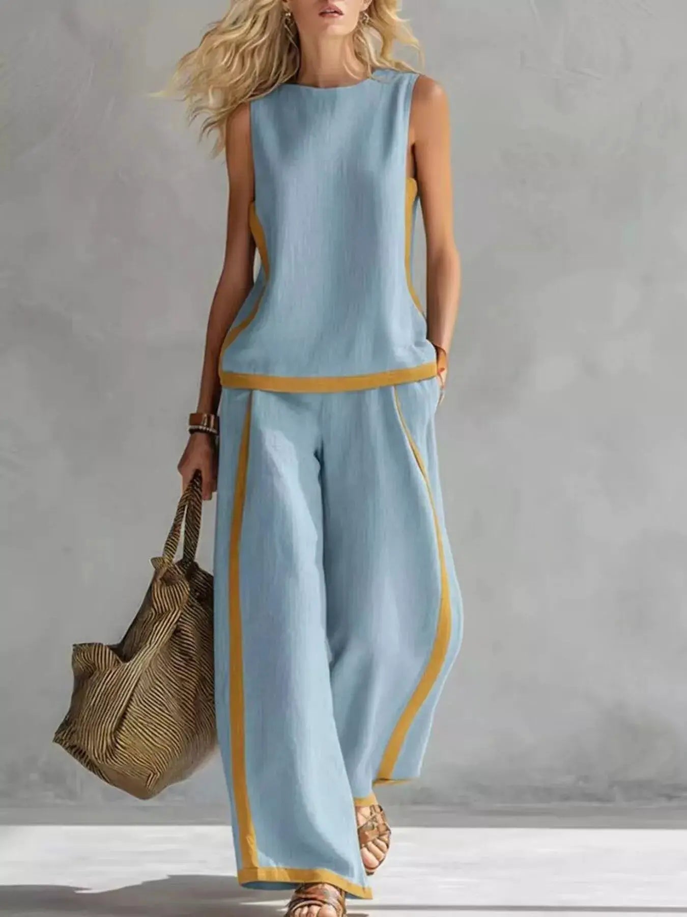 Full Size Contrast Stripe Sleeveless Top & Wide-Leg Pants Set; plus-size, light blue with yellow piping.
