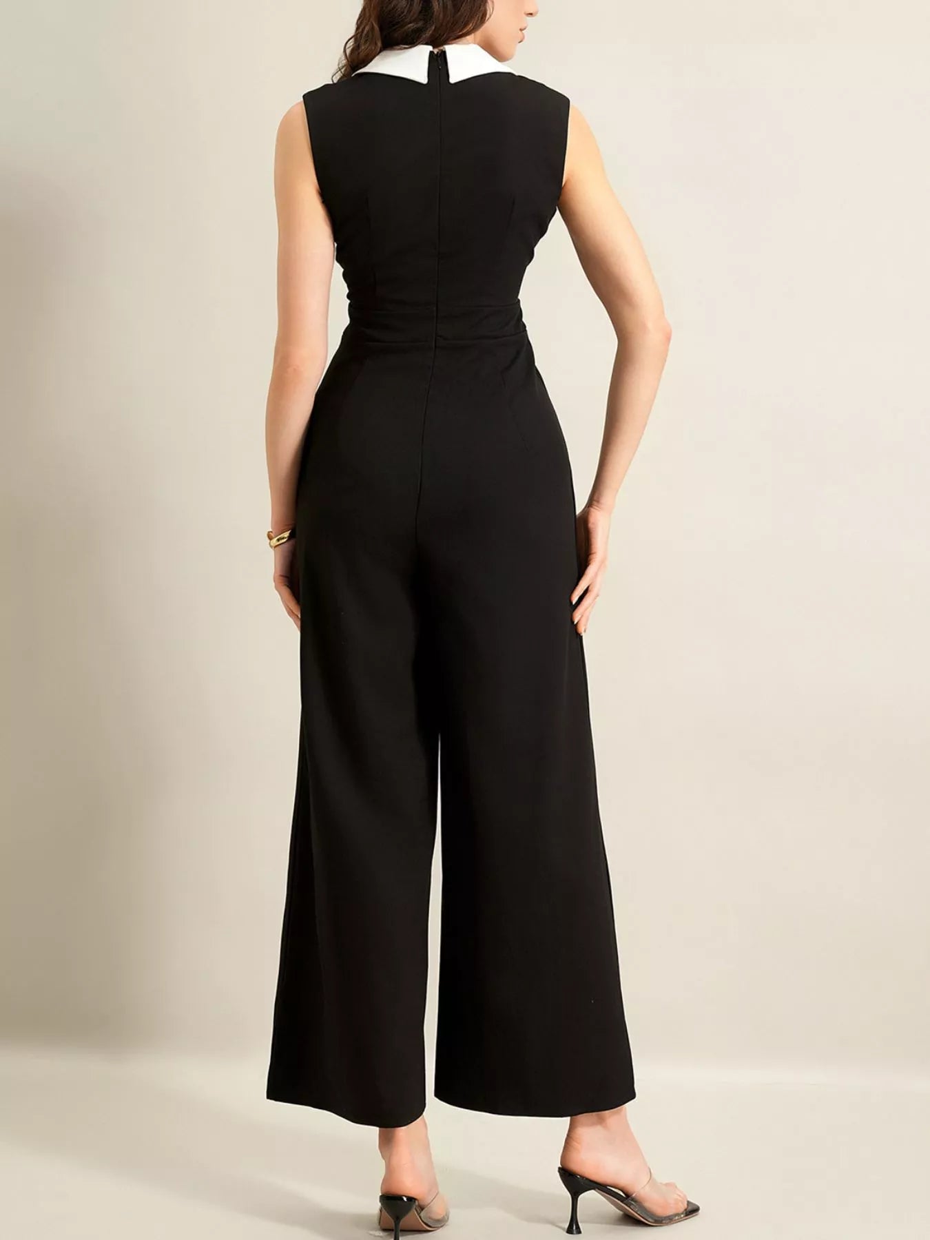 Sleeveless Wide-Leg Jumpsuit, black with white collar and back zipper