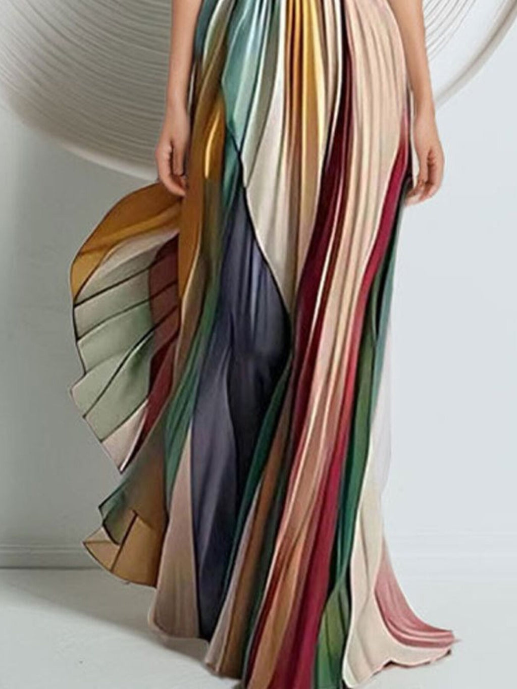 Striped pleated strapless maxi dress; multicolor panels with a flowy hem
