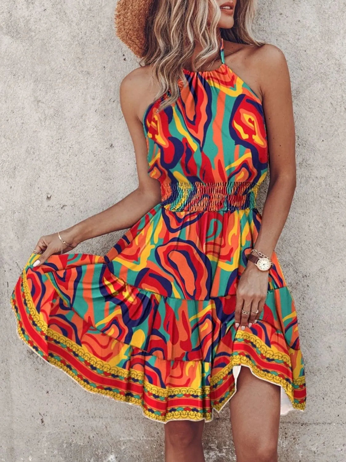 Belle Bijouix paisley-print halter-neck mini dress with smocked waist and ruffled hem in bright multicolor