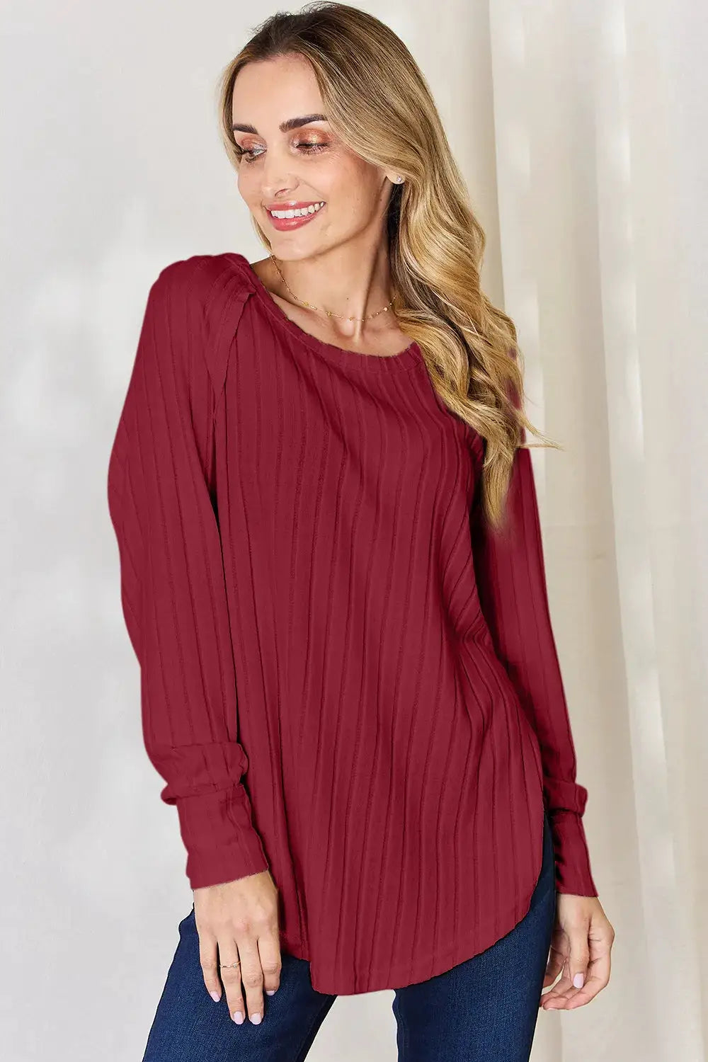 Basic Bae ribbed round-neck slit T-shirt by Belle Bijouix in burgundy, long-sleeve top