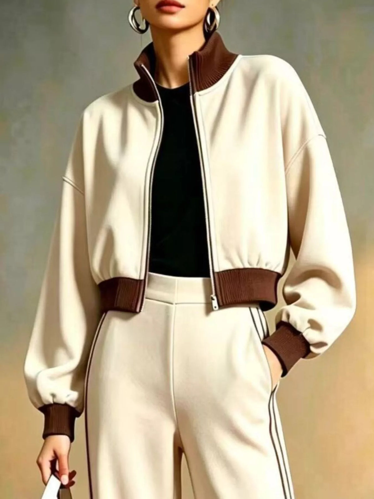 Contrast Ribbed Jacket & Wide-Leg Tracksuit Set by Belle Bijouix – view 2 of 9