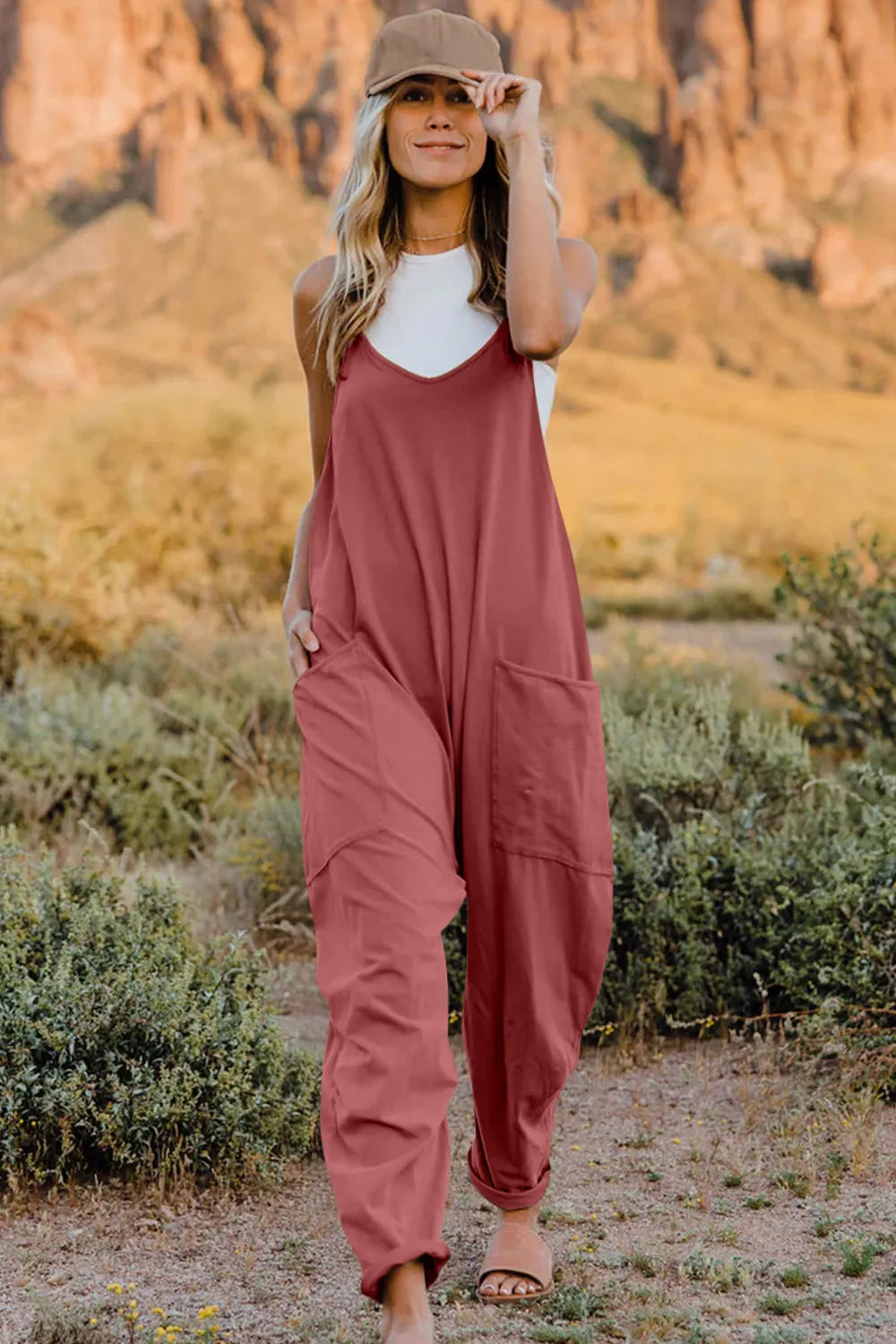 Double Take Full Size V-Neck Sleeveless Jumpsuit with Pockets in dusty rose color
