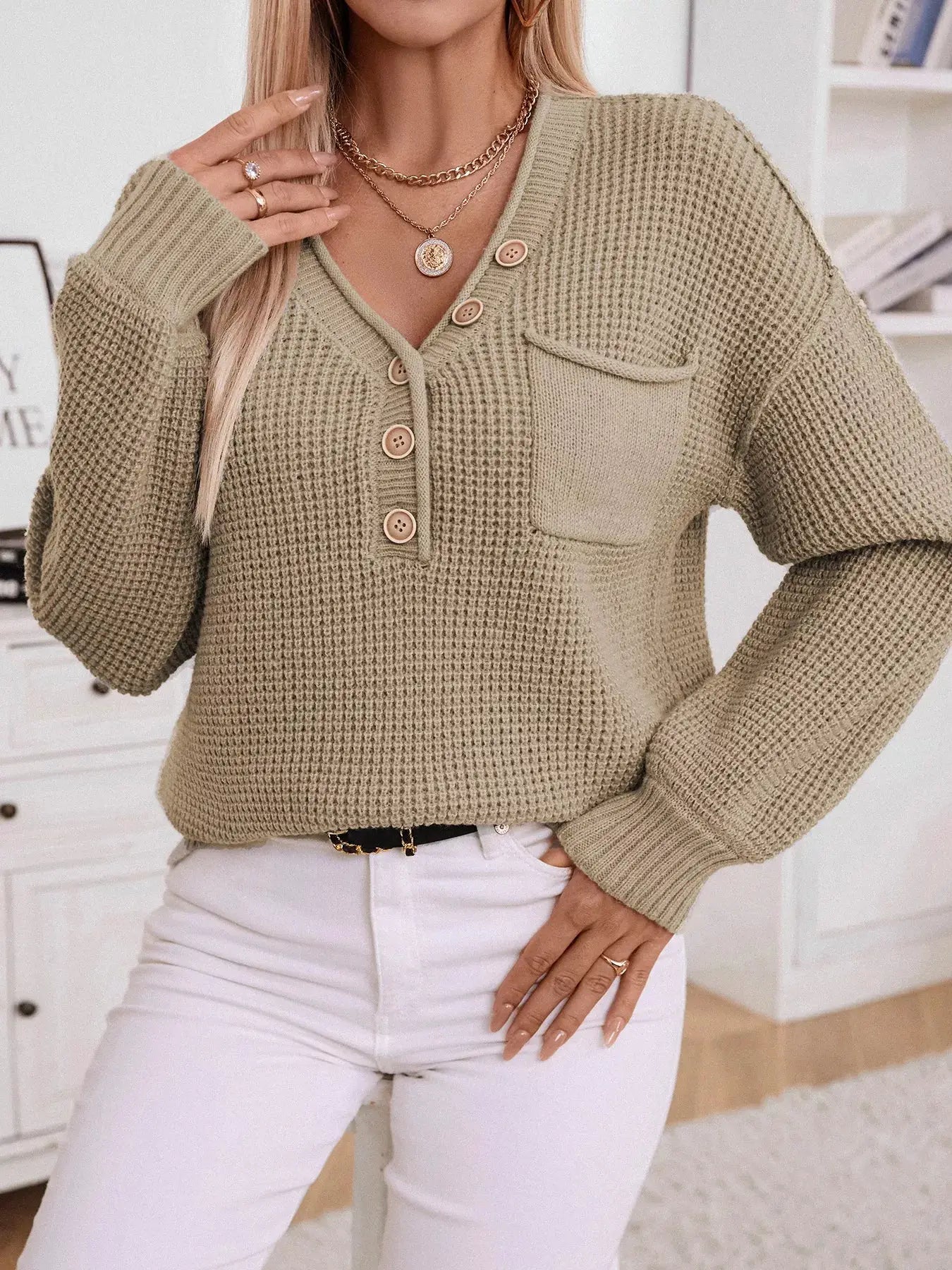 Belle Bijouix Button Detail Long Sleeve Sweater, beige knit with front button placket and chest pocket