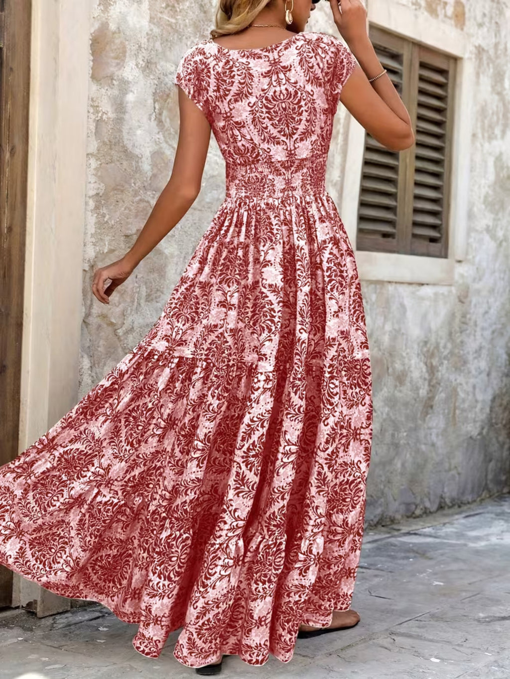Printed Cap Sleeve Maxi Dress in pink with red damask print, tiered skirt and smocked waist