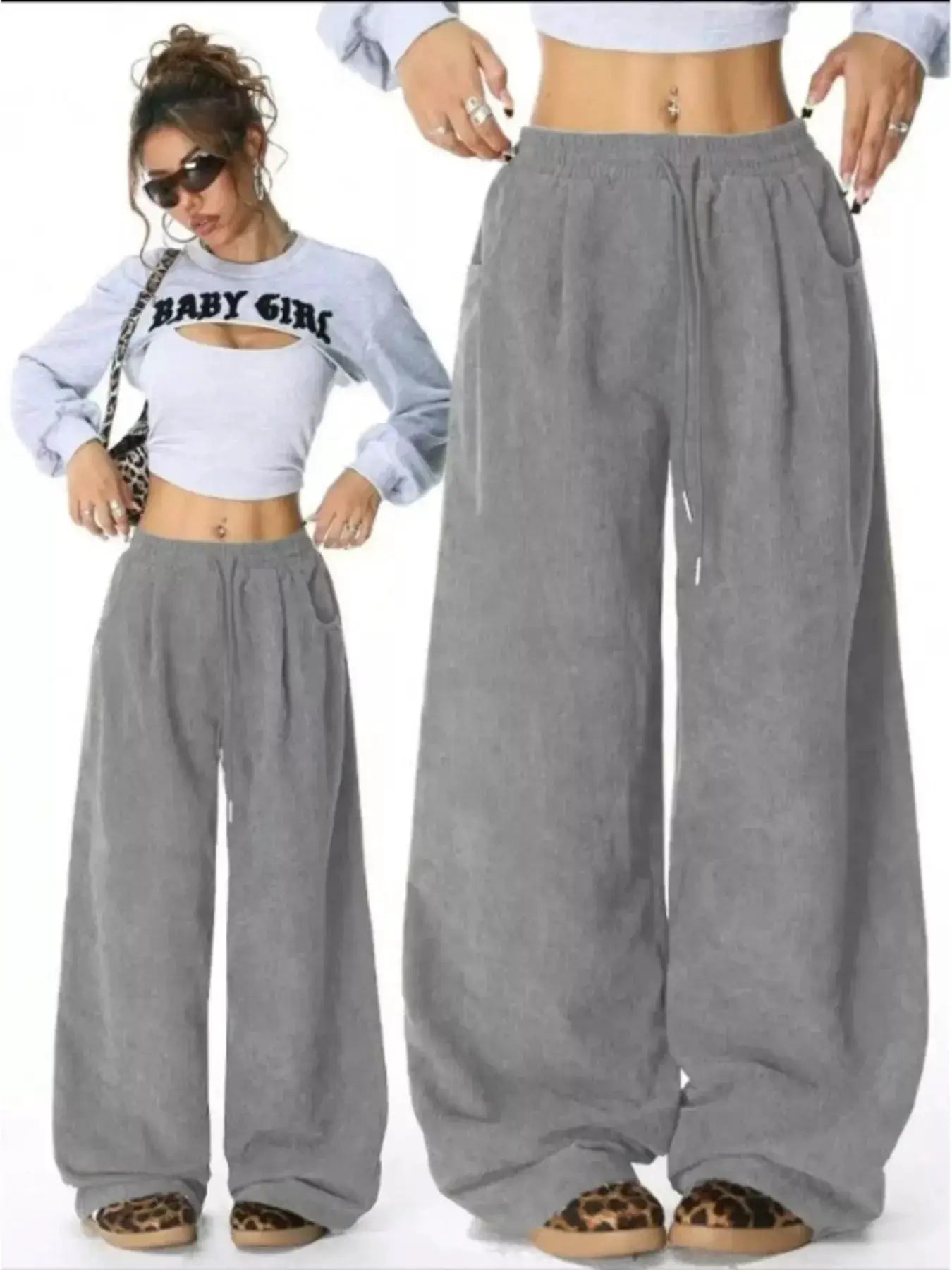 Casual Corduroy Wide-Leg Pants by Belle Bijouix in grey with drawstring and pockets.