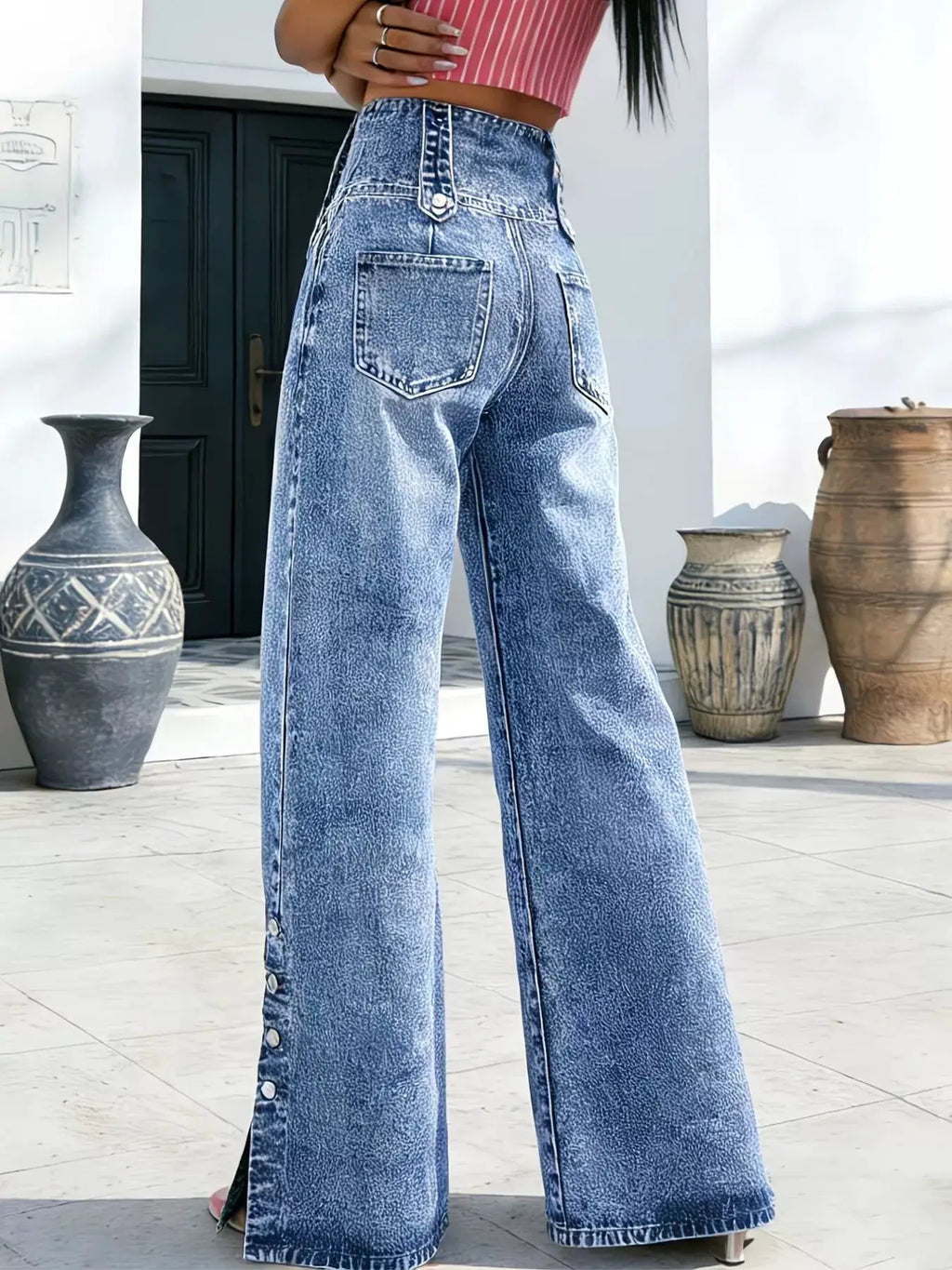 High Waisted Wide Leg Button Fly Jeans in blue denim by Belle Bijouix