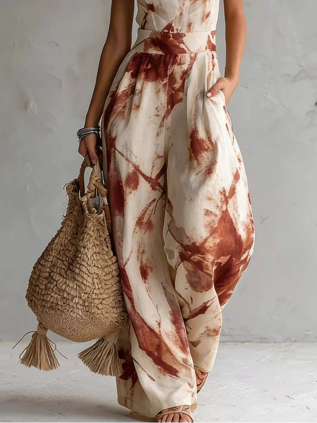 Ink Wash Print Halter Neck Wide-Leg Jumpsuit