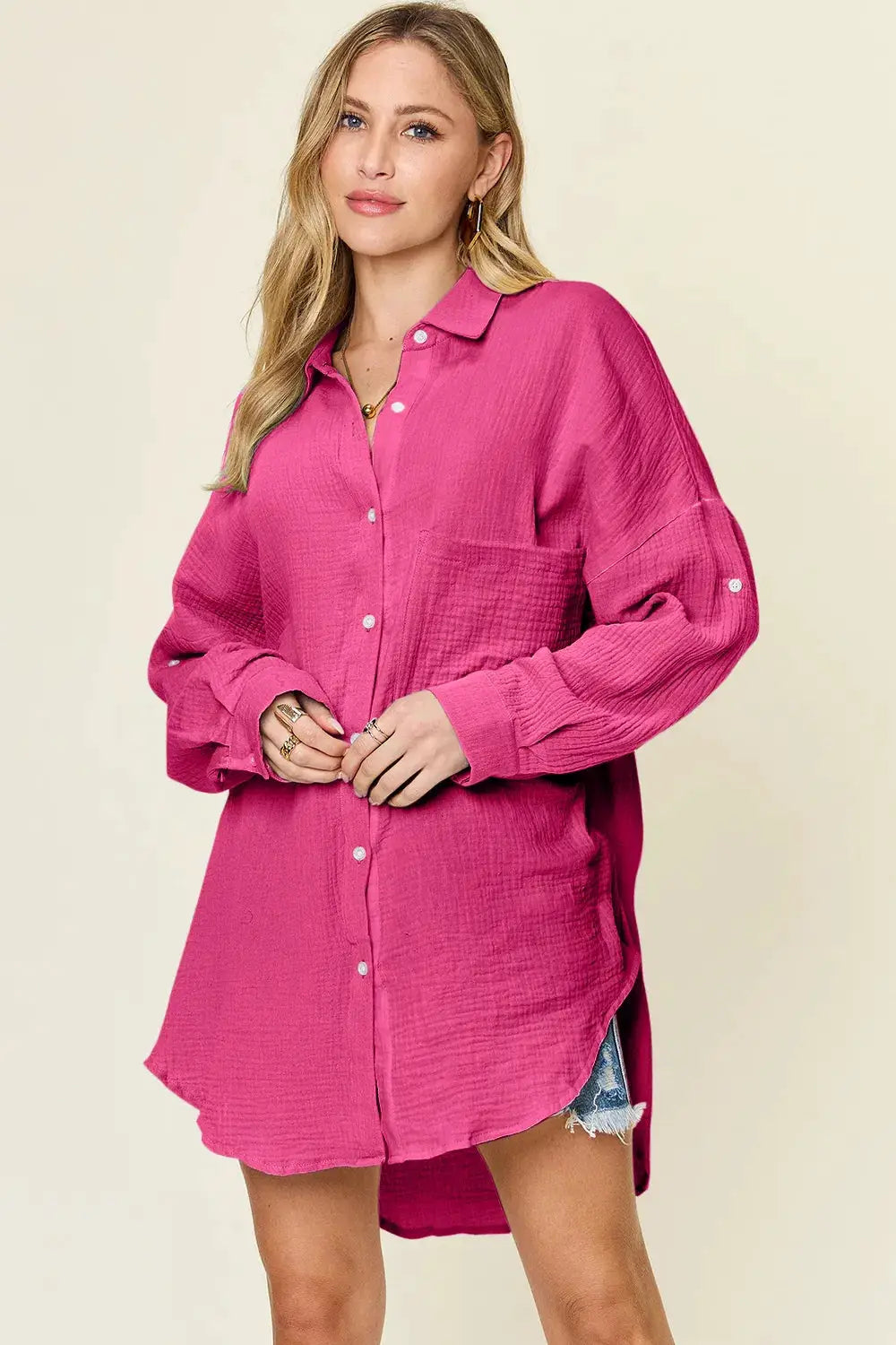 Double Take pink textured pocketed button-up shirt, loose-fitting long sleeves, front pocket, Belle Bijouix