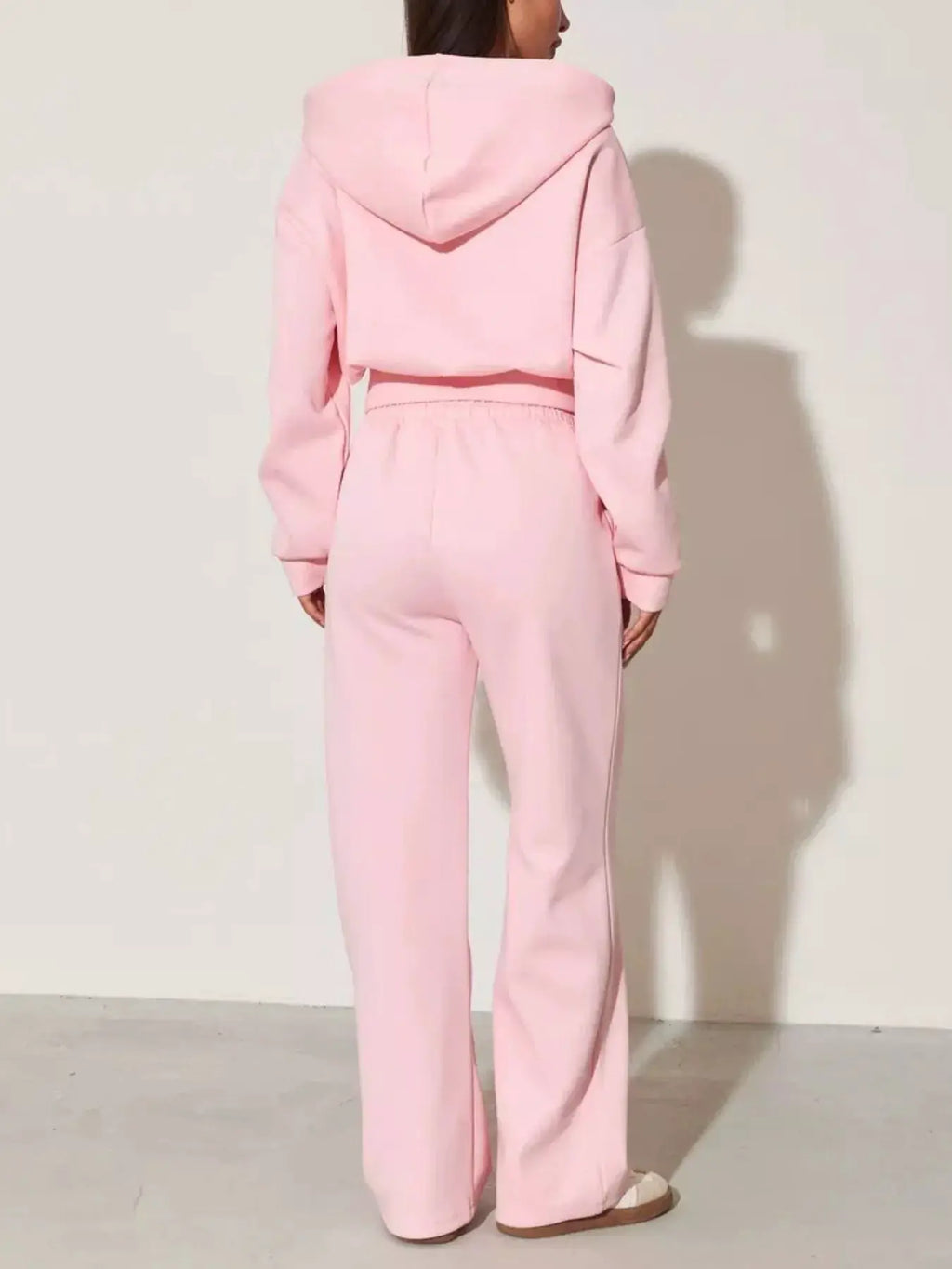 Zip-Up Hoodie & Wide Leg Pants two-piece loungewear set in pink, back view.