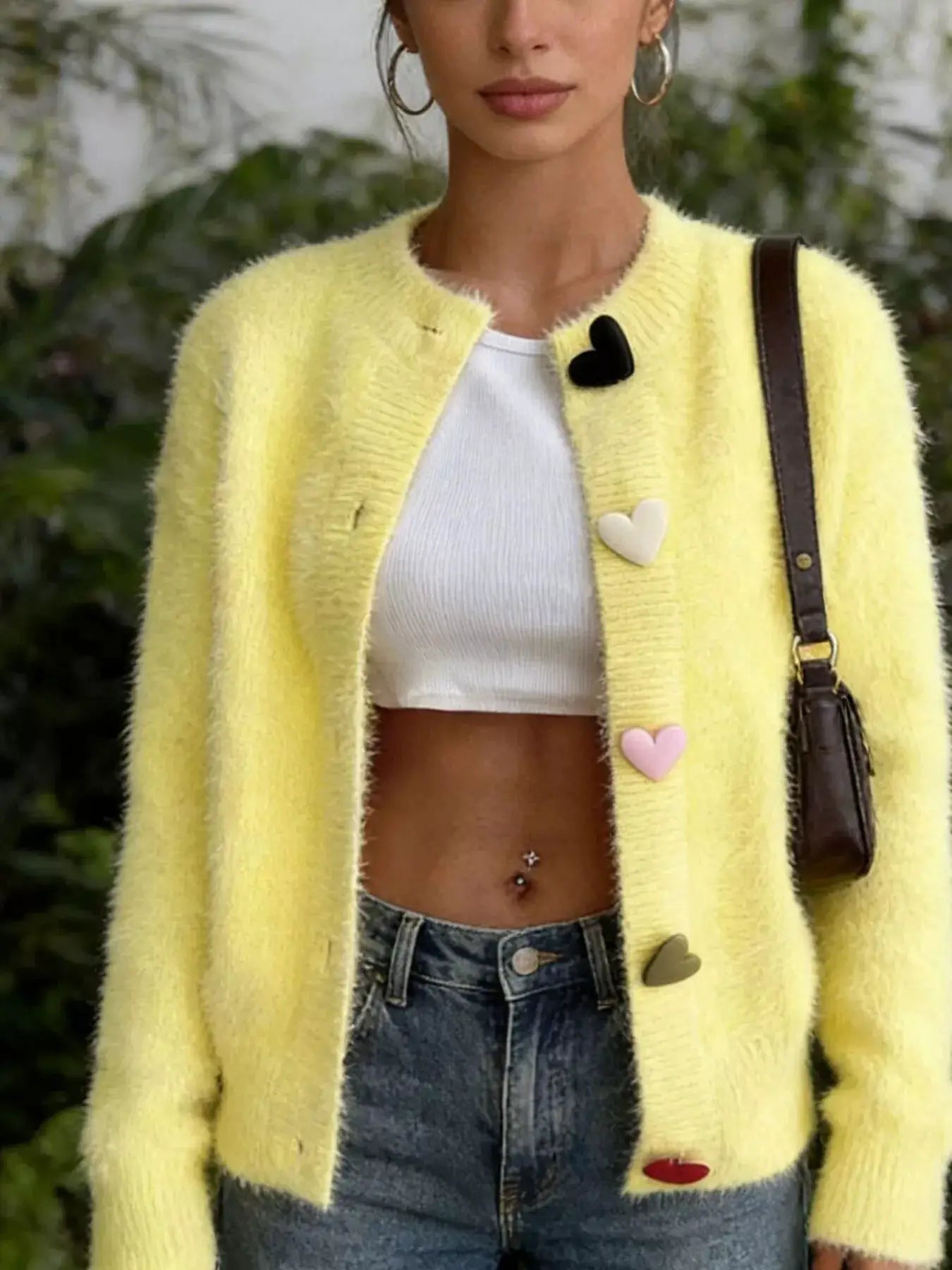 Full Size Heart Button Long Sleeve Cardigan Plus Size in yellow, fluffy knit with multicolor heart patches.