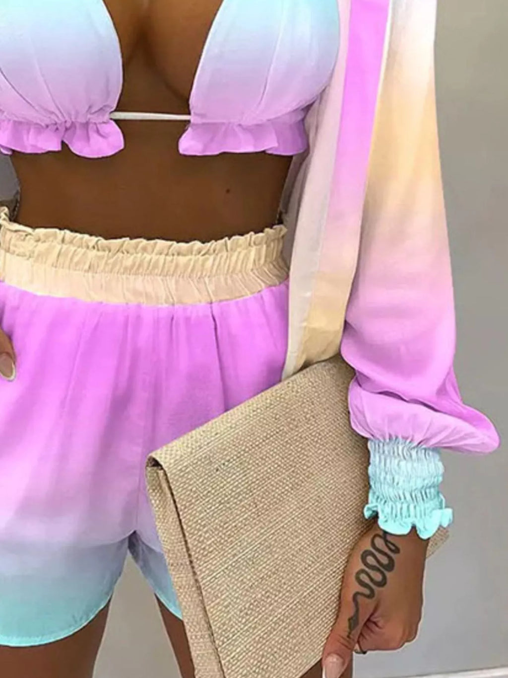 Trendsi pastel gradient 3-piece halter-neck cami, shirt, and shorts set (plus size)