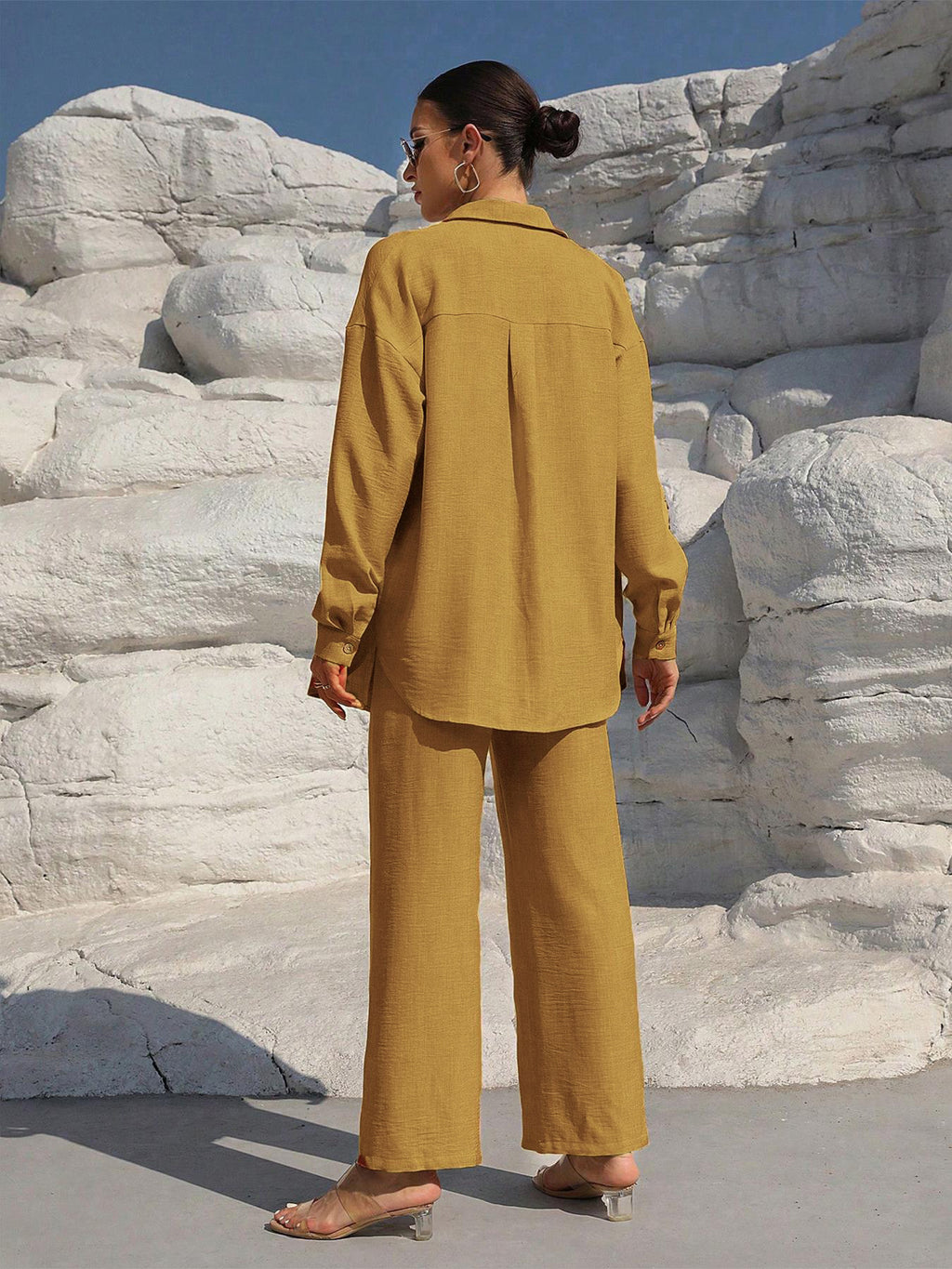 Button Up Long Sleeve Shirt and Pants Set in mustard yellow; 2-piece outfit with relaxed shirt and wide-leg pants.