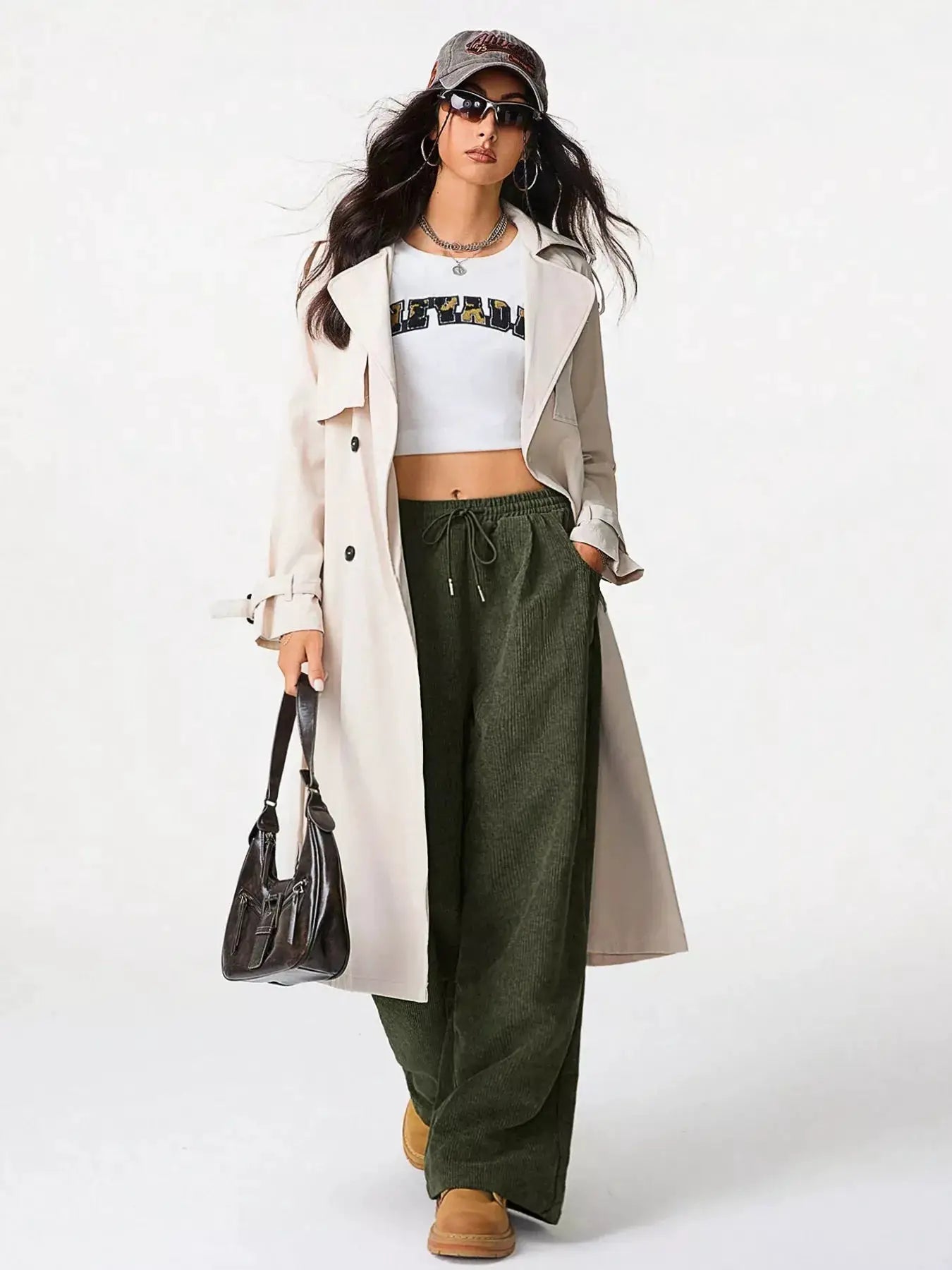 Casual Corduroy Wide Leg Pants by Belle Bijouix in olive green with drawstring waist and pockets