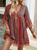 Lace Trim Printed V-Neck 3/4 Sleeve Dress in multicolor print with peach lace hem