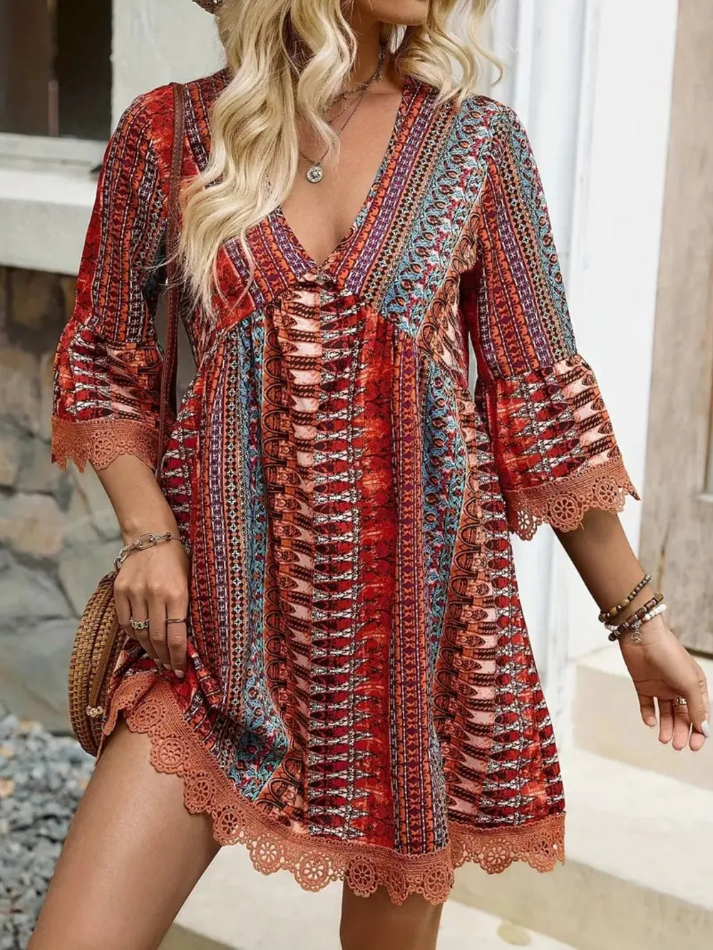 Lace Trim Printed V-Neck 3/4 Sleeve Dress in multicolor print with peach lace hem