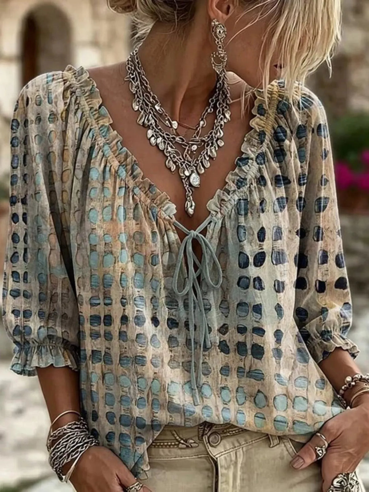 Tie Neck 3/4 Sleeve Blouse