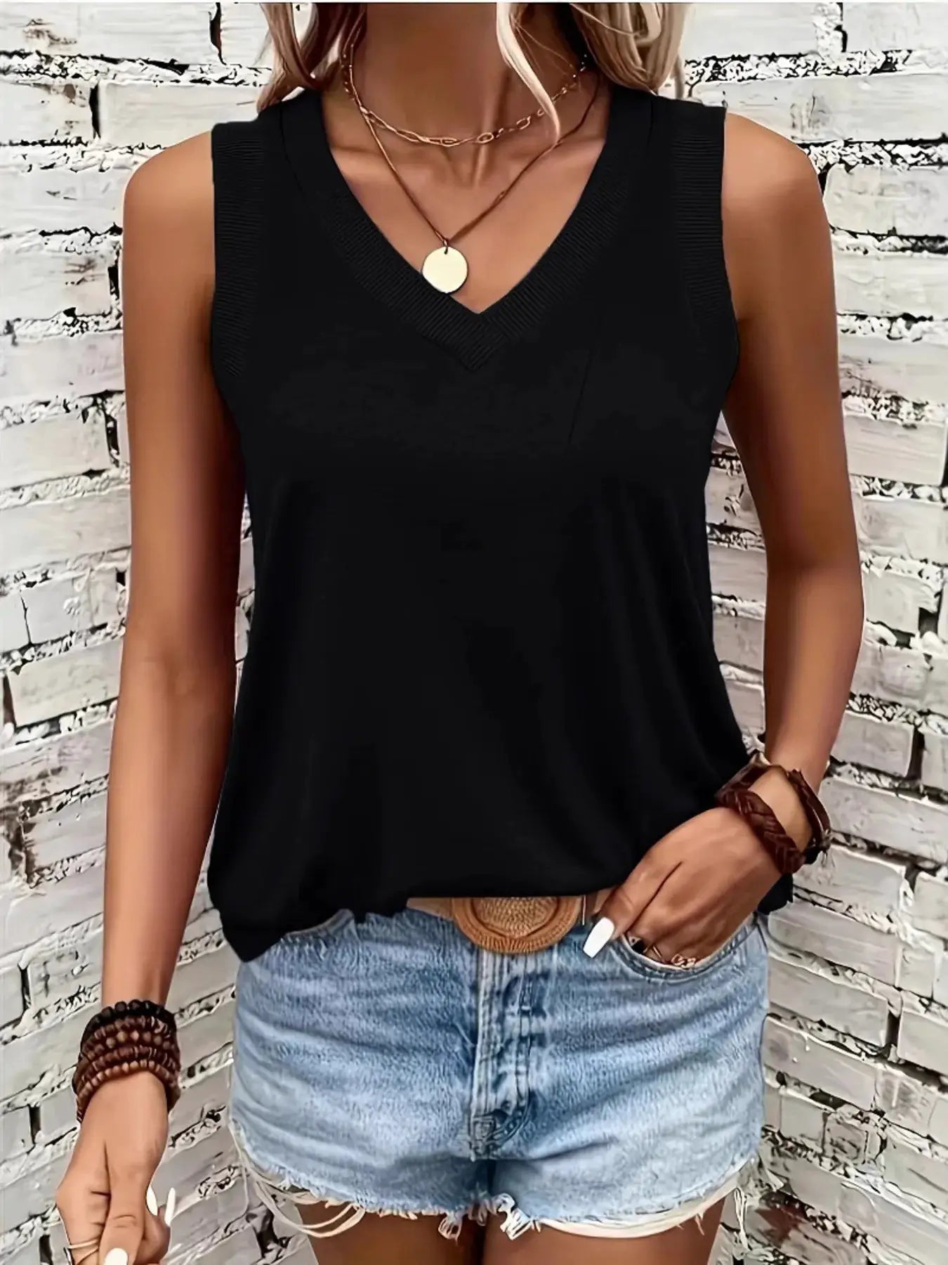 V-Neck Tank 2-piece set with denim shorts; Belle Bijouix black sleeveless top with ribbed V-neck