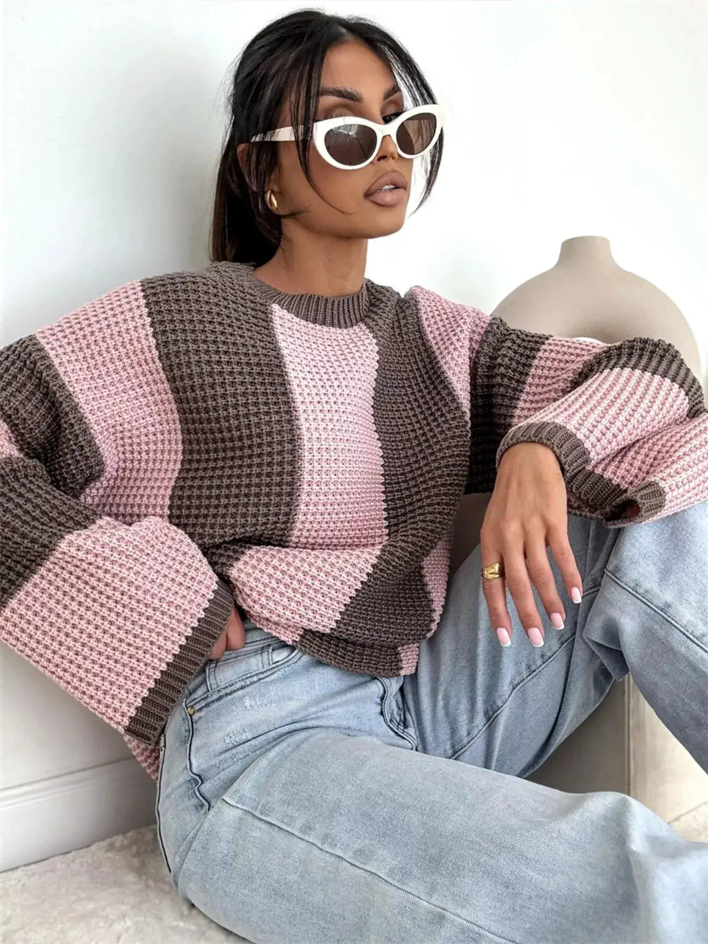 Color Block Long Sleeve Sweater, oversized pink and brown knit top