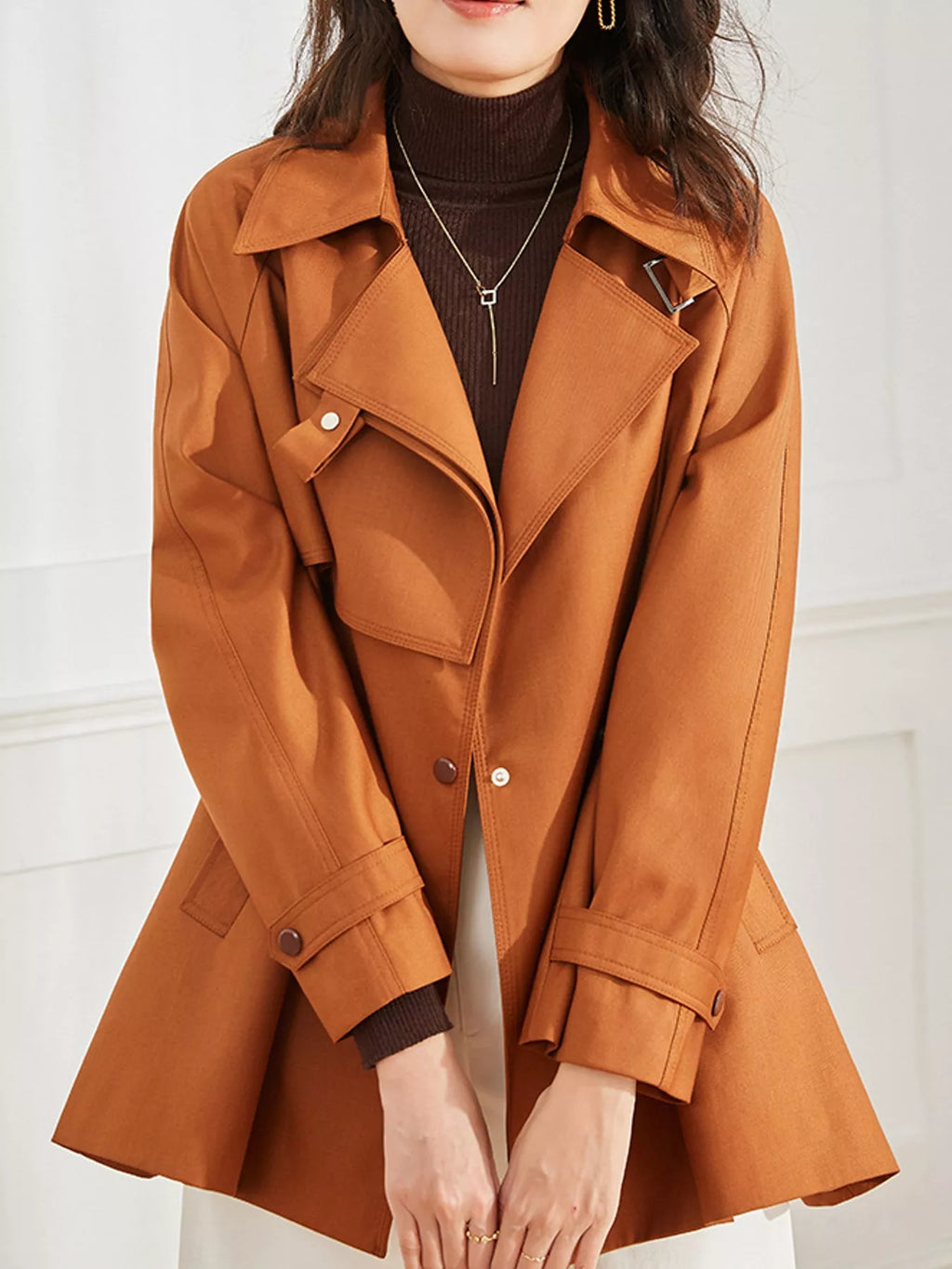 Double-Breasted Tie-Waist Short Trench Coat in Caramel by Belle Bijouix – view 6 of 20