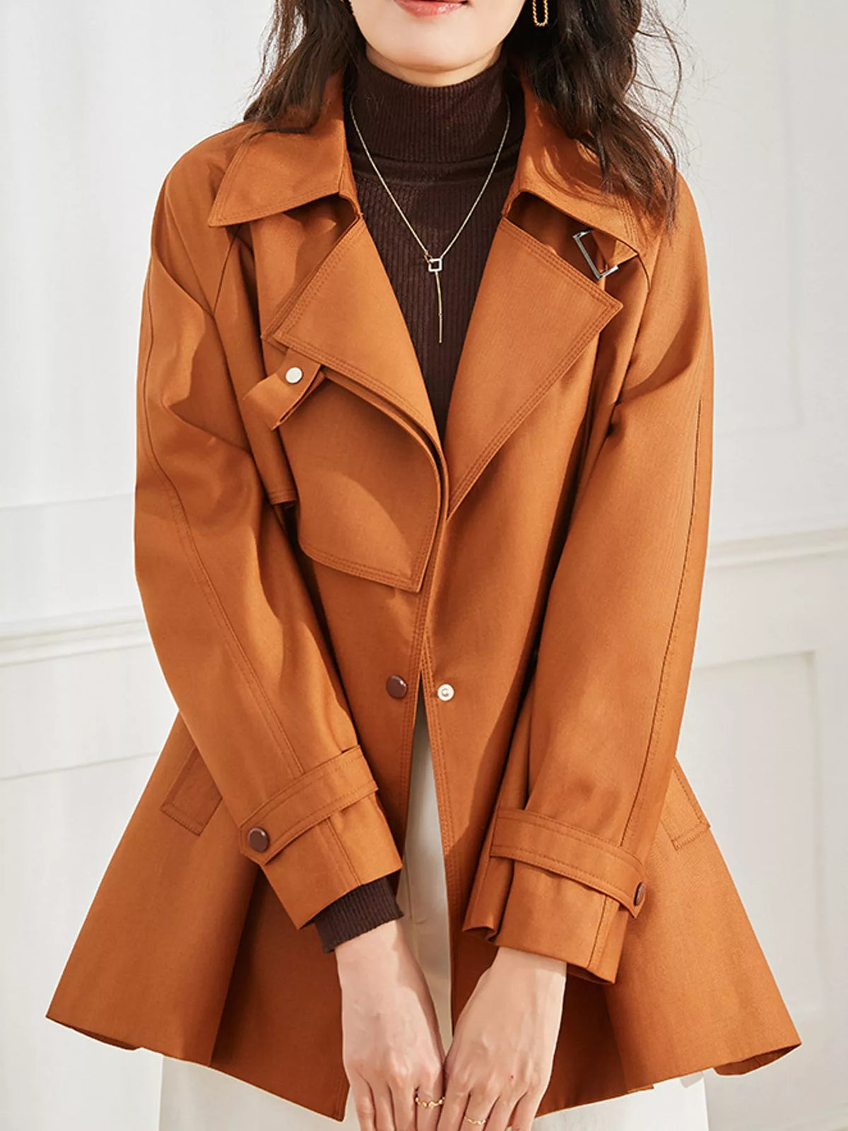 Double-Breasted Tie-Waist Short Trench Coat in Caramel by Belle Bijouix – view 6 of 20